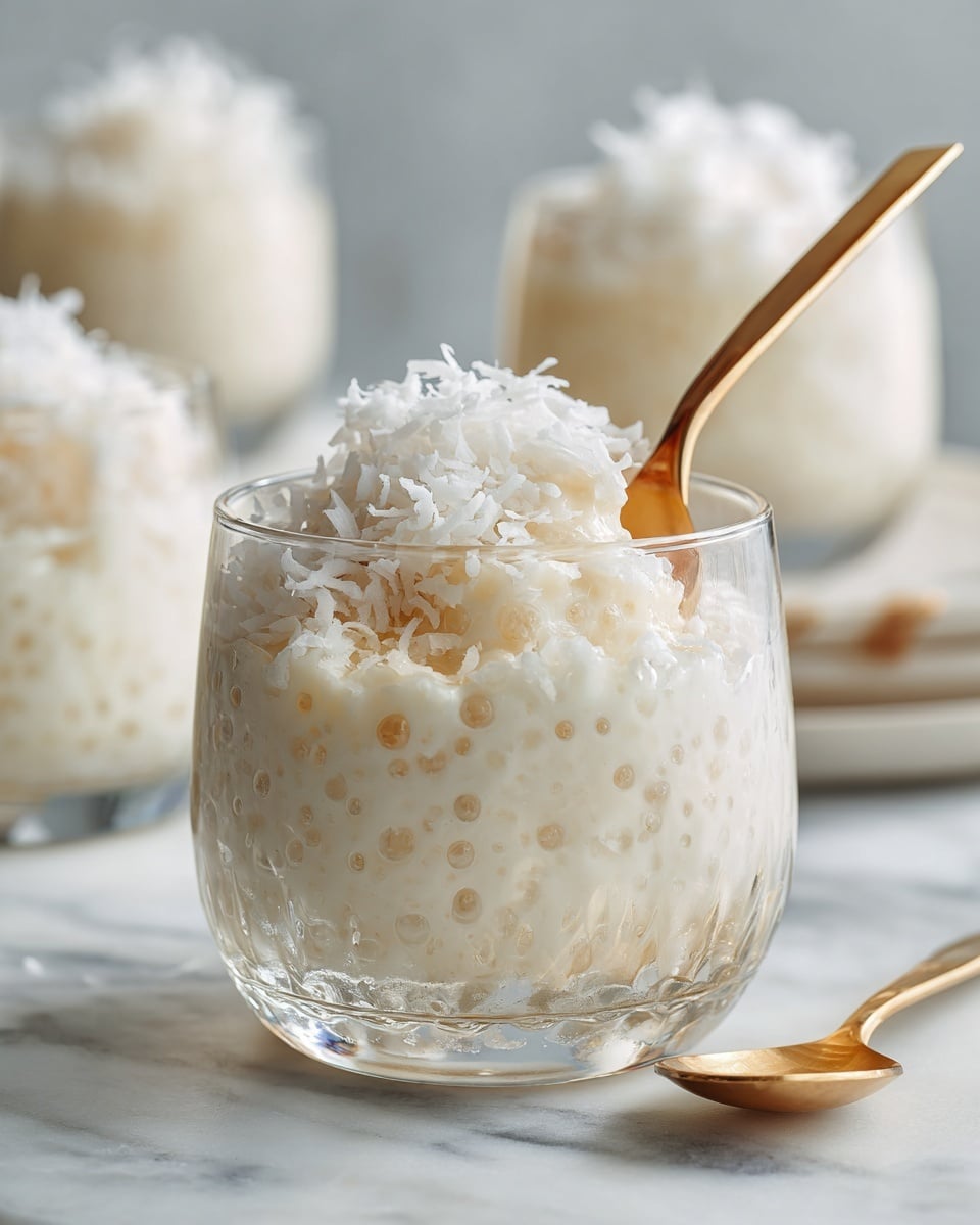 A clear glass holds a creamy dessert with one main layer of white pudding mixed with small translucent bubbles and soft beige bits. On top, there is a thick layer of white shredded coconut giving it a fluffy texture. A shiny gold spoon scoops into the dessert, showing the soft and moist texture inside. The glass sits on a white marbled surface, with blurred glasses of the same dessert in the background. photo taken with an iphone --ar 4:5 --v 7