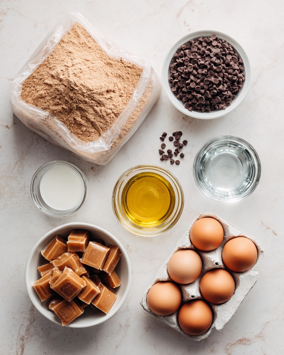 The image shows a top view of several baking ingredients arranged neatly on a white marbled surface. In the top left is a large clear plastic bag filled with light brown brownie mix powder. To the right, there is a small white bowl filled with dark brown chocolate chips. Below that is a small clear glass cup holding water, and next to it is a small container of clear yellow oil. In the middle left, there is a white bowl with many wrapped light brown caramel candies, with more caramel pieces spread around it. Toward the bottom right corner, there is a white carton holding six brown eggs. Below the eggs, there is a shiny silver can of evaporated milk. All the ingredients are labeled with bold black text in white outlines on the image. Photo taken with an iphone --ar 4:5 --v 7