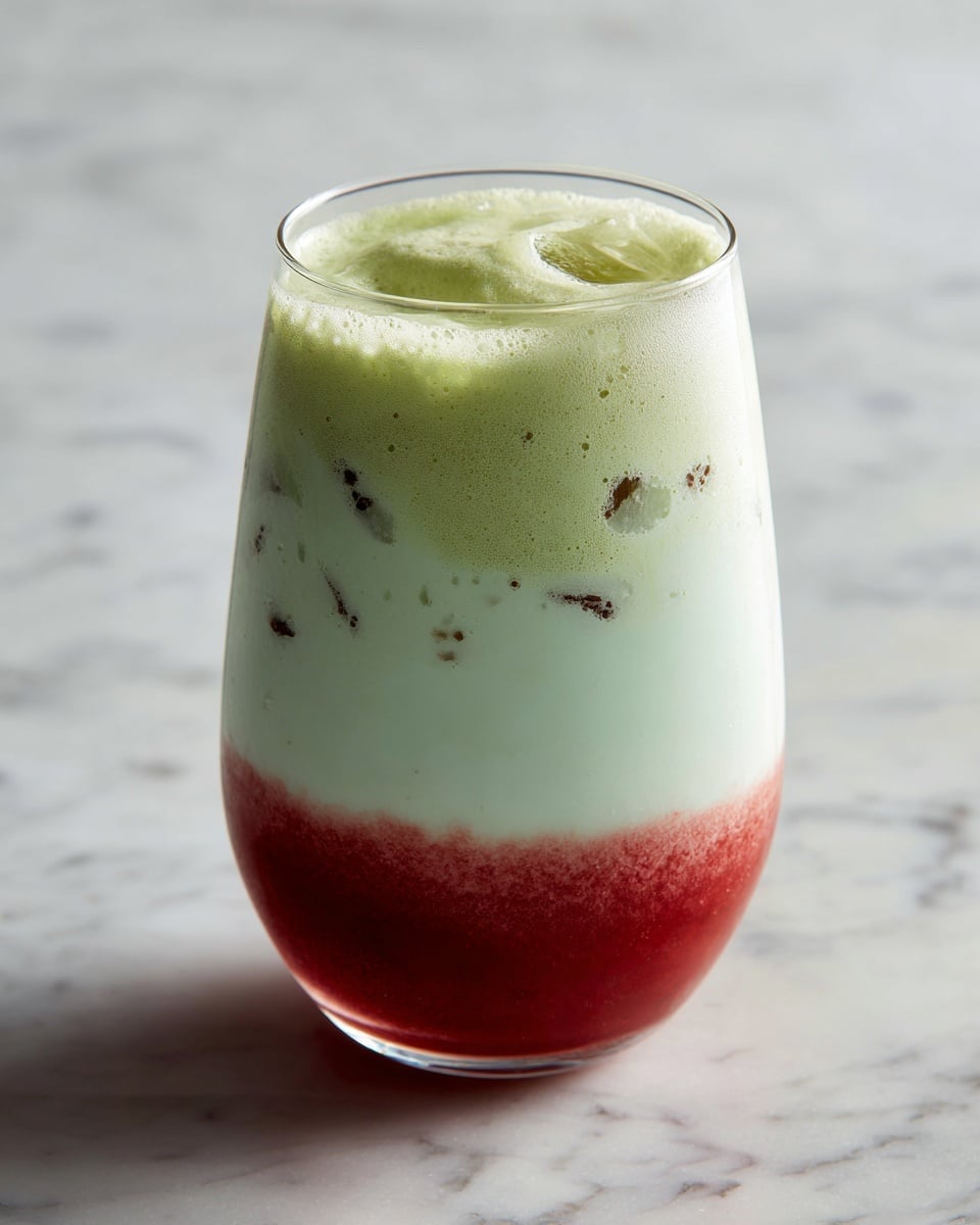 This image shows a clear glass filled with three layers of a drink. The bottom layer is bright red with small bits and a thick texture. The middle layer is white and smooth, creating a soft contrast above the red. The top layer is a light green color with a creamy texture and some dark specks inside. The glass is placed on a white marbled surface. photo taken with an iphone --ar 4:5 --v 7