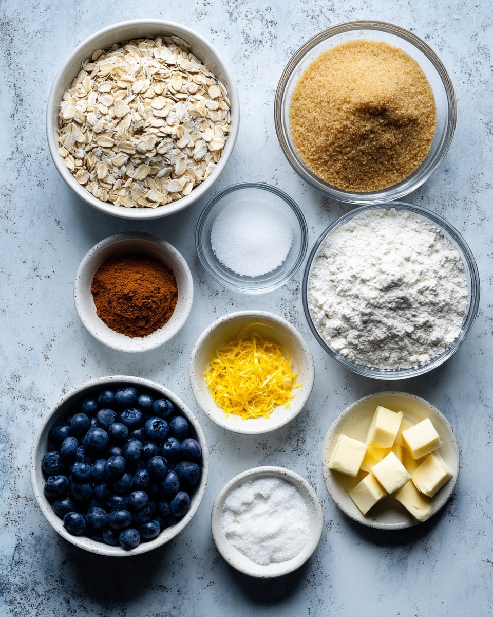 A white marbled surface holds several small white bowls and glass bowls arranged neatly with baking ingredients. Starting from the top left, there is a white bowl full of light beige oats. To the right, a glass bowl is heaped with light brown sugar. Below the oats is a white bowl filled with white sugar, and next to it in a small glass bowl is salt. In the middle, a tiny glass bowl contains a heap of brown cinnamon powder. Below these, a white bowl overflows with fresh blueberries, dark blue with hints of purple and a matte texture. Next to it, a small white dish has a bright yellow pile of lemon zest, and beside that is a tiny glass bowl with pale yellow lemon juice. Below that is a white bowl filled with white flour, next to which a glass bowl shows pale yellow butter cubes. To the left, a small glass bowl contains white cornstarch powder. All items are orderly on the white marbled surface. photo taken with an iphone --ar 4:5 --v 7