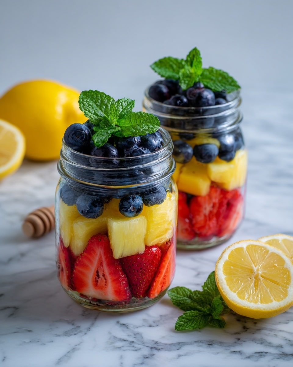Two clear glass jars sit on a white marbled surface, each layered with colorful fruit. The bottom layer in the jars is made of bright red strawberries, followed by a middle layer of yellow pineapple chunks, and the top layer is a pile of dark blue blueberries. Each jar is finished with a small fresh green mint leaf on top. Behind the jars are two lemon halves and a honey dipper resting on the surface. The photo was taken with an iphone --ar 4:5 --v 7