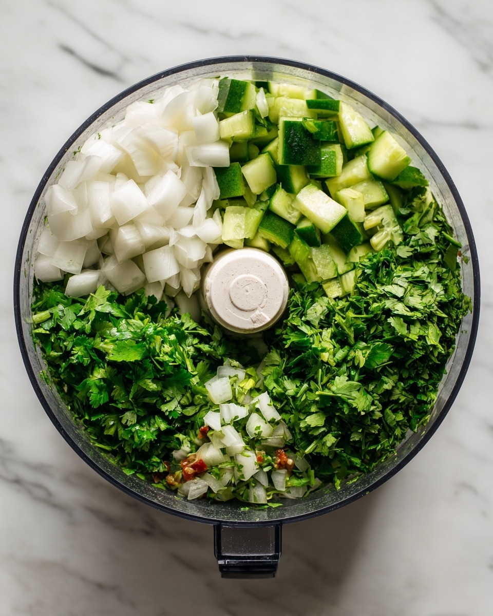 This image shows a clear food processor bowl on a white marbled surface. Inside the bowl, there are fresh ingredients layered in different spots: chopped green cucumber pieces on the top right, large white onion pieces on the top left, and fresh green herbs including cilantro and parsley taking the bottom right and bottom left areas. The ingredients are raw and bright in color, showing green and white tones with a bit of a reddish hint from chopped tomatoes at the bottom layer under the vegetables. Photo taken with an iphone --ar 4:5 --v 7