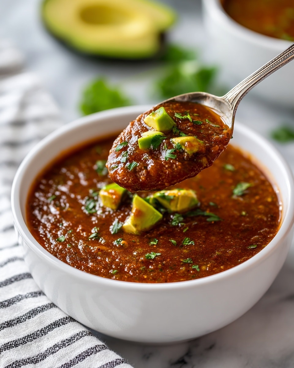 The image shows a white bowl filled with thick brownish-red soup that has a slightly chunky texture. The soup contains visible small green pieces of avocado and green cilantro leaves scattered on top. A silver spoon holds a spoonful of the soup above the bowl, showing a close-up of the thick soup with pieces of avocado and a cilantro leaf on it. The bowl is placed on a white marble surface with a white and black striped cloth nearby, and there are slices of avocado and another bowl of soup blurred in the background. Photo taken with an iphone --ar 4:5 --v 7