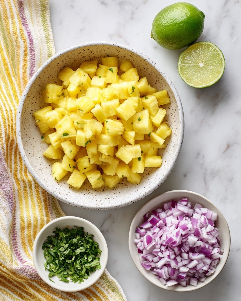 A large white speckled bowl filled with small yellow diced pieces of pineapple sits in the center on a white marbled surface. To the lower right, a whole green lime rests beside a white bowl filled with finely chopped purple onions. Below this, a small white bowl contains freshly chopped green herbs. A yellow and white striped cloth lies underneath the large bowl on the left side. photo taken with an iphone --ar 4:5 --v 7