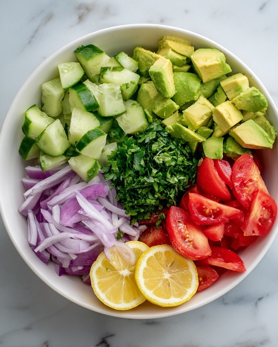 A white bowl filled with five main layers of fresh vegetables, arranged side by side. The top left section has thin slices of light purple onion, next to it is a pile of bright green cucumber pieces with a slightly rough texture. Below the onion, there are chunks of creamy, light green avocado. In the center of the bowl is a mound of finely chopped dark green cilantro. On the right side, bright red tomato wedges fill the space with juicy and smooth surfaces. Two lemon halves with a yellow hue sit on a white marbled surface near the bowl. Photo taken with an iphone --ar 4:5 --v 7
