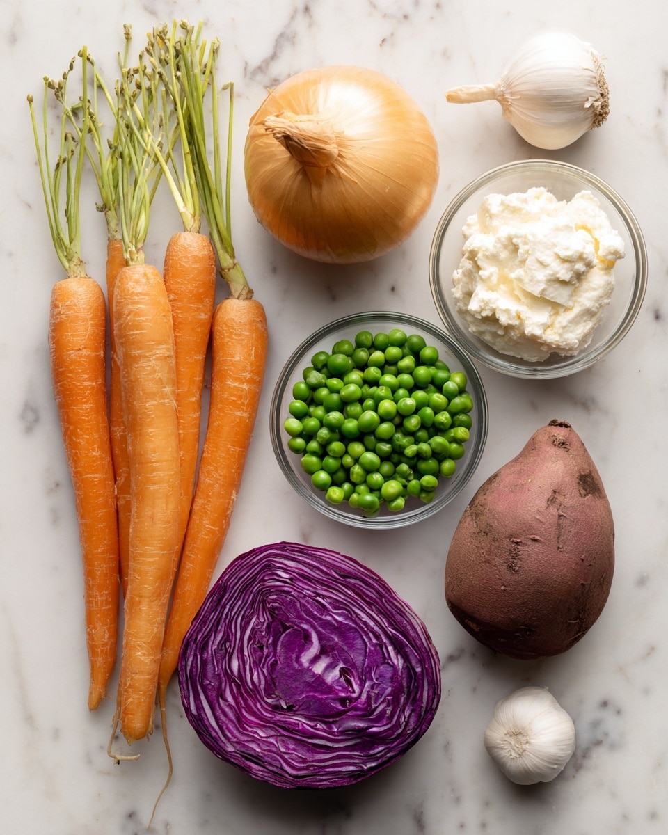 The image shows fresh ingredients on a white marbled surface. From left to right, there are three bright orange carrots with green tops, a yellowish-brown onion with a dry skin, a small round clear glass bowl filled with green peas, a brown sweet potato, another clear glass bowl with a creamy white soft cheese, a bright purple wedge of cabbage, a round dark brown beetroot with a rough texture, and a small white garlic clove near the bottom right. Everything is arranged in a neat and clear way with natural light. photo taken with an iphone --ar 4:5 --v 7