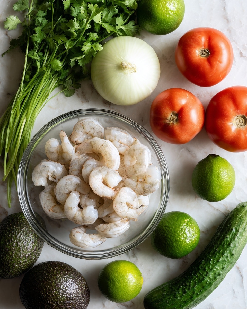 A clear glass bowl filled with peeled, raw shrimp sits in the lower right corner of the image on a white marbled surface. Around the bowl, there are fresh vegetables and herbs spread out: to the left, a bunch of bright green cilantro with long stems; next to it, a round white onion; above, three smooth shiny limes; next to the limes, two dark green avocados with bumpy skin; above the avocados, four firm red tomatoes with green stems; and in the upper right corner, two textured dark green cucumbers. The overall layout shows fresh ingredients ready for cooking. photo taken with an iphone --ar 4:5 --v 7