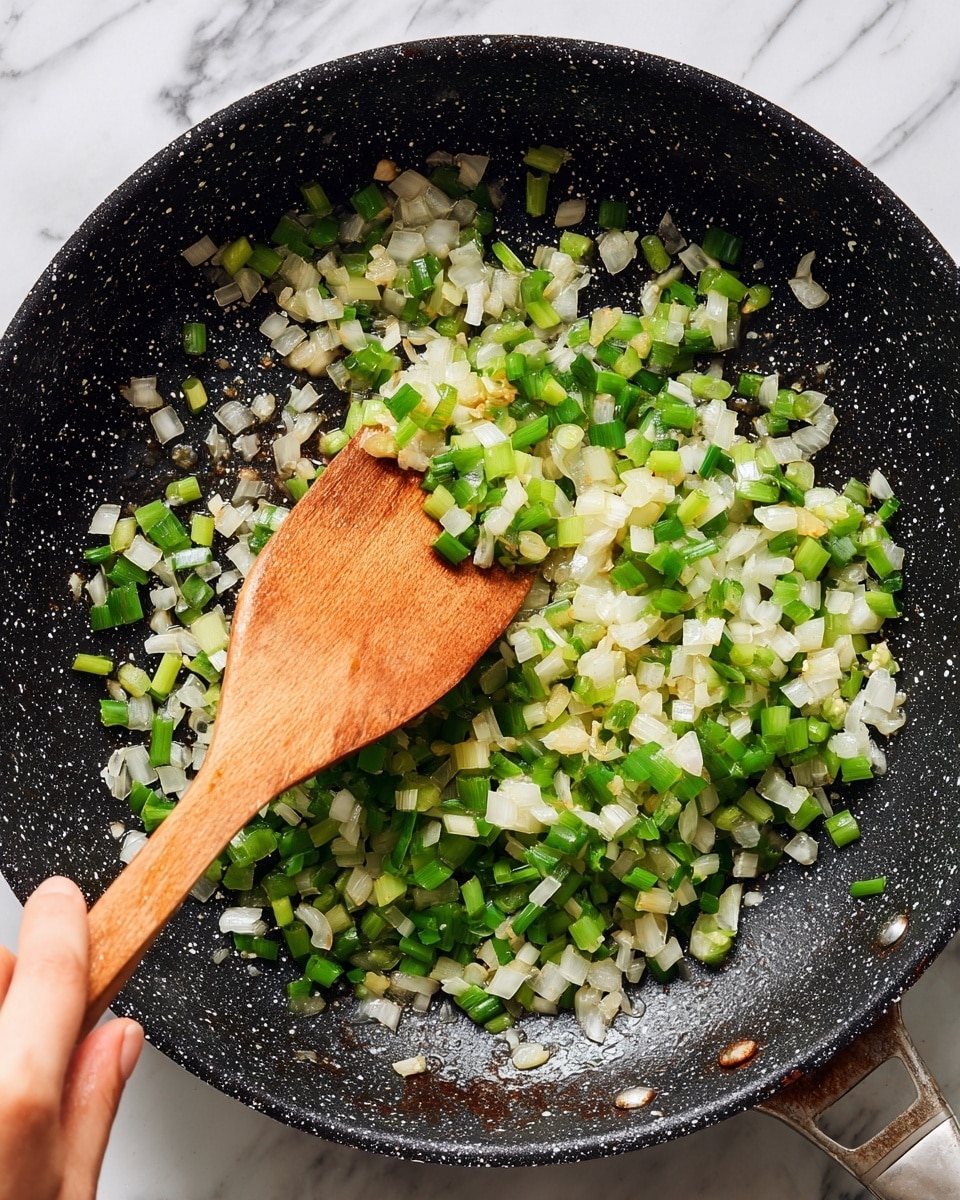 A close-up view of chopped green onions and white onions being cooked together in a black speckled frying pan. The onions are cut into small pieces and spread evenly across the pan with a slight shine from cooking oil. A woman's hand is seen holding a wooden spatula above the pan, stirring the mixture. The background shows a white marbled texture. photo taken with an iphone --ar 4:5 --v 7