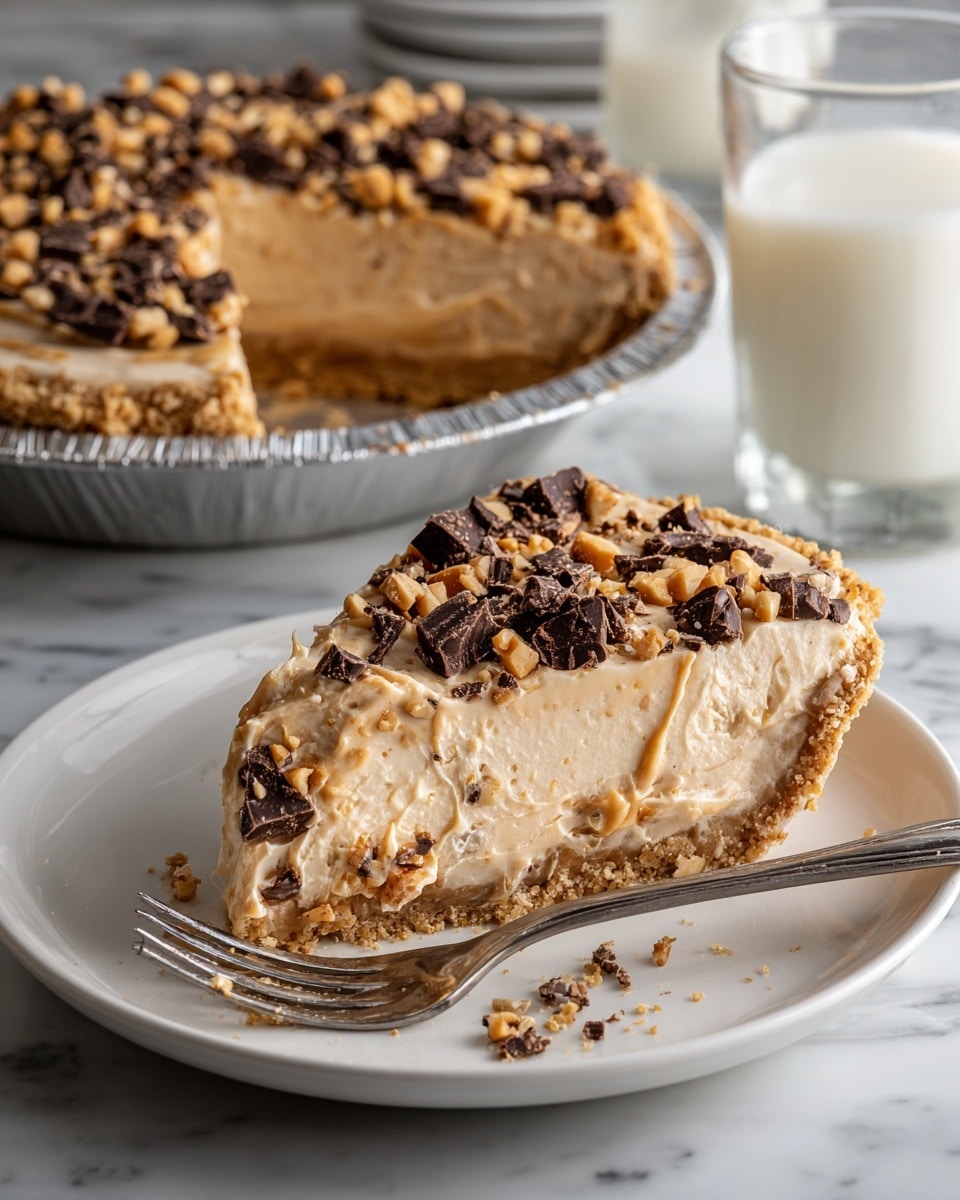 The image shows a round dessert in a fluted metal tart pan on a white marbled surface. The tart has three main layers: a crunchy, lightly browned base; a creamy peanut butter middle layer with a smooth texture; and a top covered with a drizzling of dark chocolate and peanut butter sauce. The top is sprinkled heavily with chopped peanuts and chunks of dark chocolate, adding texture and contrast in shades of beige, brown, and deep black. Around the tart, there are small white bowls with chocolate pieces and peanuts, and the overall setting is bright and clean. Photo taken with an iphone --ar 4:5 --v 7
