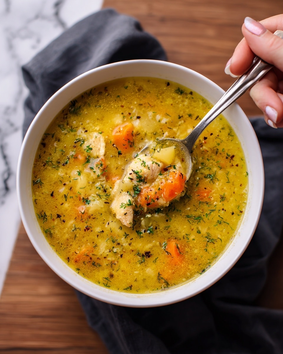 The image shows a white bowl filled with a thick, yellow-orange soup with visible chunks of vegetables and pieces of chicken. The soup has a slightly chunky texture with bits of carrots, potatoes, and herbs scattered across the surface, adding green and orange touches. A silver spoon is scooping up some of the soup, held by a woman's hand from the right side. The bowl sits on a wooden surface with a white marbled texture and there is a dark grey cloth partially visible behind the bowl. Photo taken with an iphone --ar 4:5 --v 7