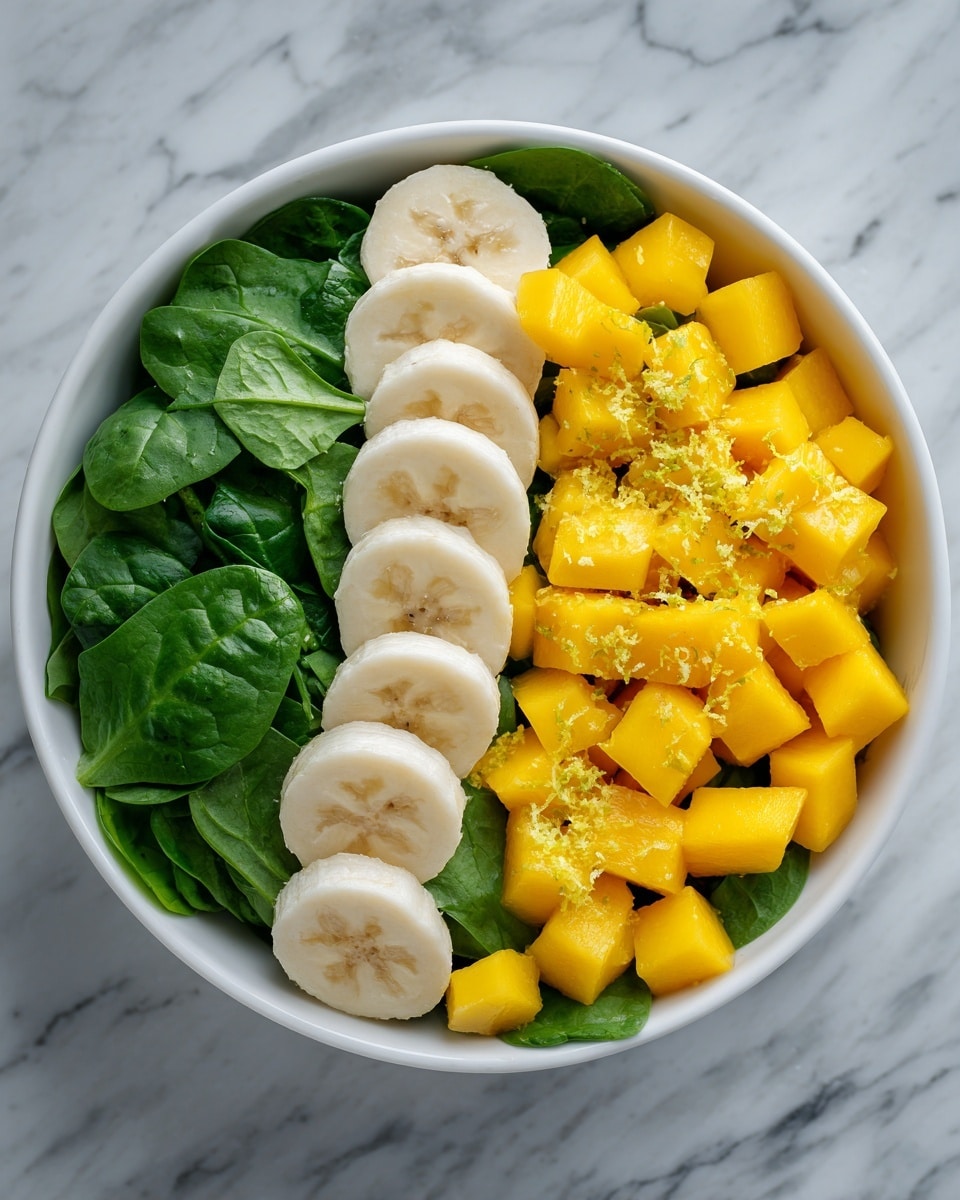 A white bowl filled with a base layer of dark green fresh spinach leaves, topped on one side with sliced white bananas arranged neatly and on the other side with bright yellow diced mango pieces sprinkled with fine lime zest, all set against a white marbled surface. photo taken with an iphone --ar 4:5 --v 7