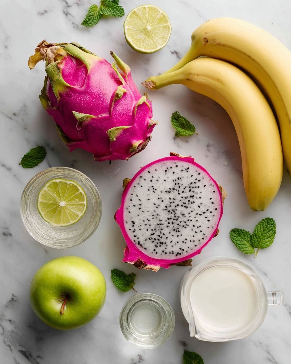 The image shows a bright arrangement on a white marbled surface with a whole vibrant pink dragon fruit on the top left and its half with white flesh and black seeds placed slightly to its right. A half lime with a pale green inside is near the dragon fruit, and a bunch of yellow bananas appears on the right. There are small green mint leaves scattered around the scene. Near the bottom center, there is a clear white liquid in a glass pitcher and a round white bowl filled with a white substance above it. A small glass container of clear liquid sits to the right, and a whole green apple is placed below near the bottom edge of the image. Photo taken with an iphone --ar 4:5 --v 7