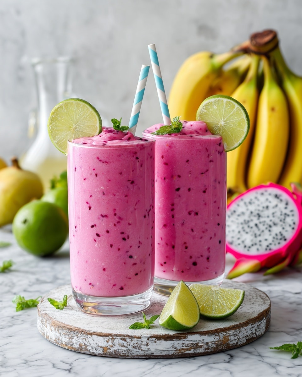 Two tall clear glasses hold a pink creamy smoothie with small red bits inside, topped with a lime wedge and tiny green leaves, each glass has a blue and white striped straw. The glasses rest on a round, worn, white wooden board with a few lime wedges and small green leaves scattered around it. Nearby, a clear glass jug filled with the same pink smoothie is visible. The background shows bunches of yellow bananas, whole green limes, and a cut dragon fruit with white flesh and black seeds, all set against a white marbled surface. Photo taken with an iphone --ar 4:5 --v 7