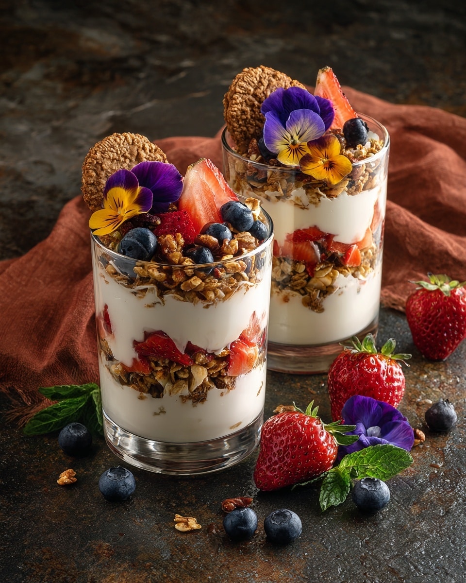 Two glass cups show three main layers: the bottom is white creamy yogurt, the middle is a thick layer of granola with nuts, and the top is decorated with bright red sliced strawberries, dark blue blueberries, two brown cookies on one side, purple and yellow edible flowers, and fresh green mint leaves. The cups are placed on a dark stone surface with whole strawberries, blueberries, and extra cookies scattered around. A folded rust-colored cloth is partially visible near the top cup. Photo taken with an iphone --ar 4:5 --v 7