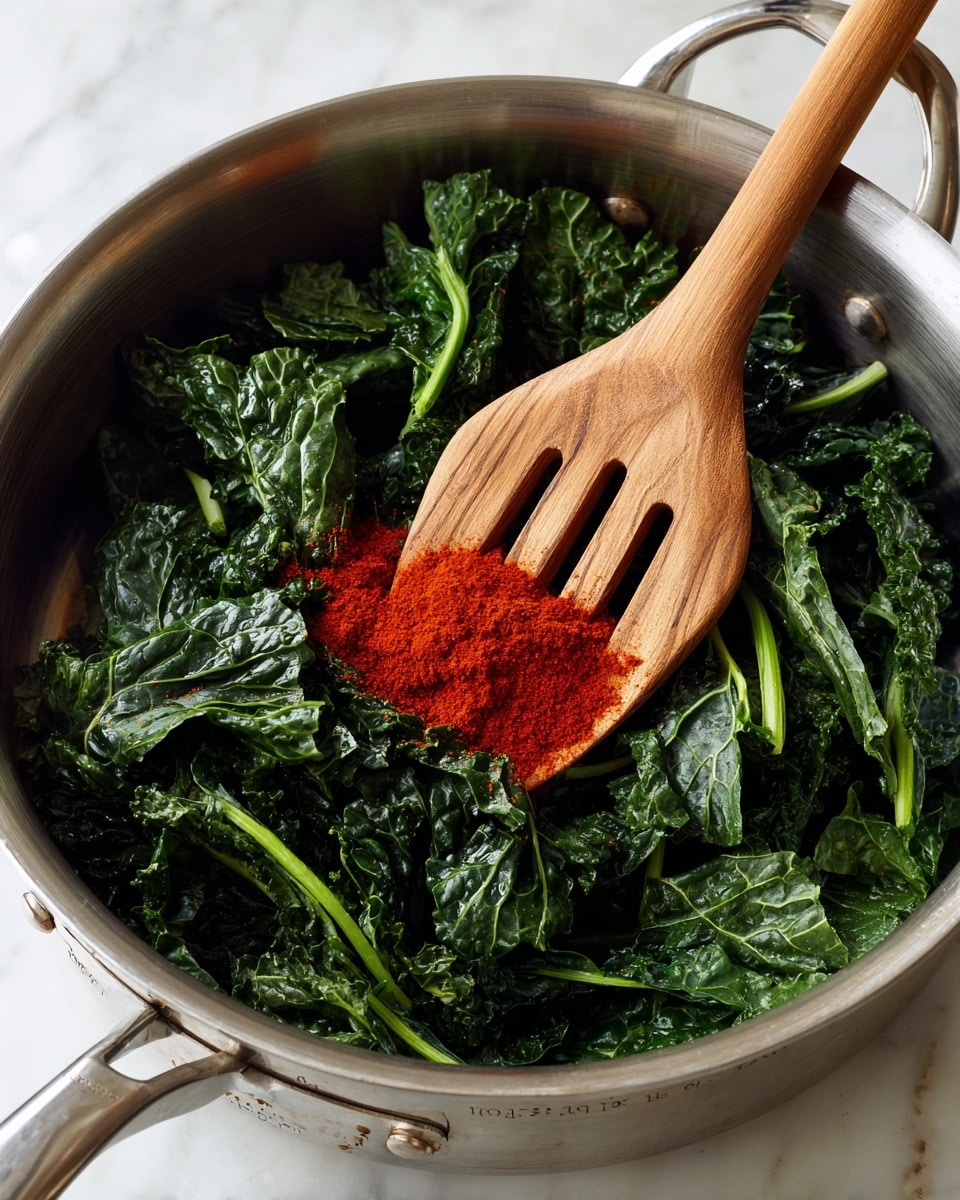 A close-up view shows a shiny stainless steel pot filled with cooked kale leaves, which are dark green and slightly wilted with visible stems. In the center of the kale, there is a small pile of bright red paprika powder. Resting on the edge of the pot is a smooth wooden spatula with a simple design and small cutouts near the tip. The pot has measurement markings etched on the inside wall. The overall setting is on a white marbled surface. photo taken with an iphone --ar 4:5 --v 7