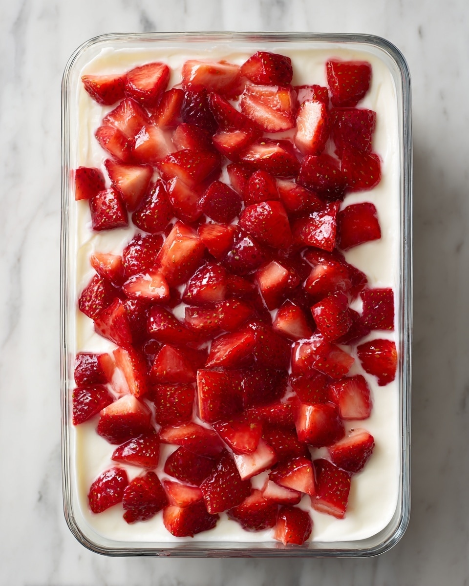 A clear rectangular glass dish filled with two visible layers: the bottom layer is thick and white, smooth and creamy, and the top layer is made of bright red strawberry pieces scattered evenly across the white cream. The strawberries are fresh, glossy, and cut into medium-sized chunks, showing tiny seeds and juicy texture. The dish is placed on a white marbled surface that highlights the vibrant colors of the strawberries and the soft white cream. photo taken with an iphone --ar 4:5 --v 7
