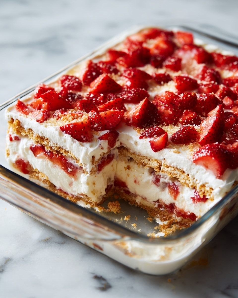 The dish is a multi-layered dessert served in a clear glass rectangular dish on a white marbled surface. The top layer is covered with bright red chopped strawberries scattered unevenly over a thick, creamy white layer. Below the creamy topping are alternating layers of light brown crispy wafers and white cream with small pieces of strawberries inside. A corner section is missing, revealing the soft and creamy texture of the dessert layers. Some creamy residue and crumbs are left smeared on the bottom of the dish where the portion was removed. Photo taken with an iphone --ar 4:5 --v 7