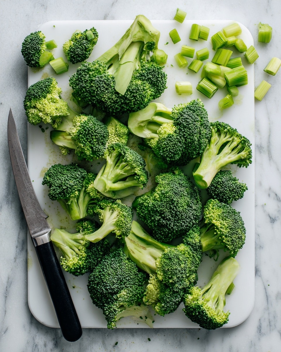 The image shows many fresh broccoli florets of different sizes spread out on a white cutting board placed on a white marbled surface. The florets are bright green with textured tops and smooth, lighter green stalks. On the top right of the board, there are small, pale green cubed pieces of broccoli stalk arranged neatly. The handle of a large knife with a black grip is visible resting on the bottom left corner of the cutting board. The scene looks clean and fresh, with a clear focus on the fresh broccoli pieces photo taken with an iphone --ar 4:5 --v 7