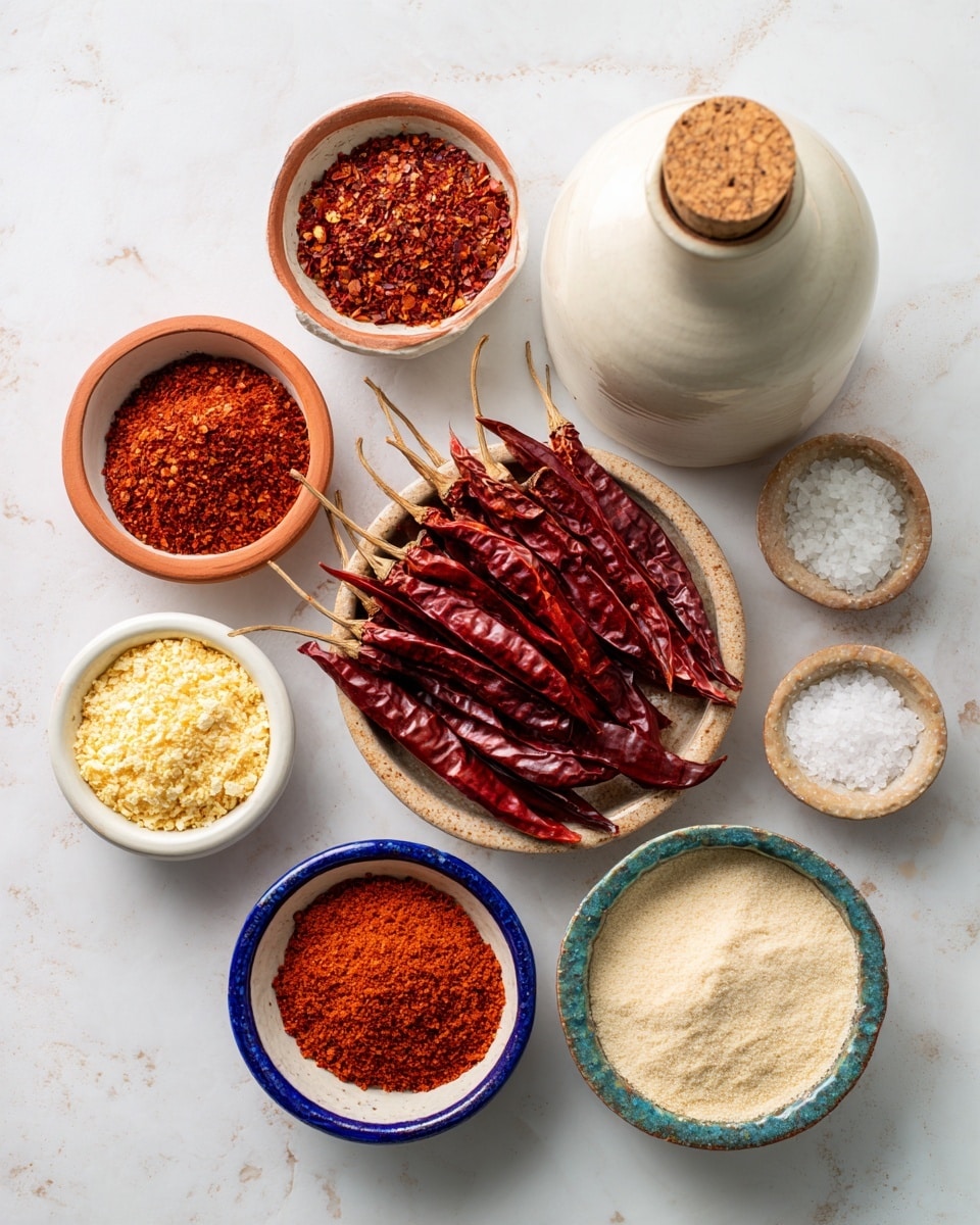 This image shows a collection of dry spices and chili peppers arranged neatly on a white marbled textured surface. In the center, there is a pile of long, red dried chili peppers with brown stems. Around them, there are seven small bowls with different contents: two bowls with crushed dried red chili flakes, one bowl with ground red chili powder, two bowls with pale yellow flaky spice, one bowl with coarse white salt, and one bowl with a red-brown spice powder. Behind the spices, there is a light beige ceramic bottle with a cork stopper. The bowls are all white, some with terracotta rims and some with blue interiors, keeping the arrangement simple and colorful. photo taken with an iphone --ar 4:5 --v 7
