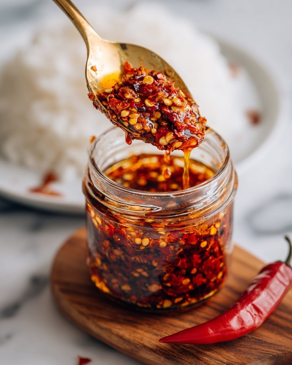 A close-up shot of a golden spoon holding a thick layer of chili flakes and seeds drenched in shiny red chili oil above a glass jar filled with the same chili oil mixture; the background shows part of a white plate with white rice on the left and a red chili with a wooden board on the right, all set on a white marbled surface. photo taken with an iphone --ar 4:5 --v 7