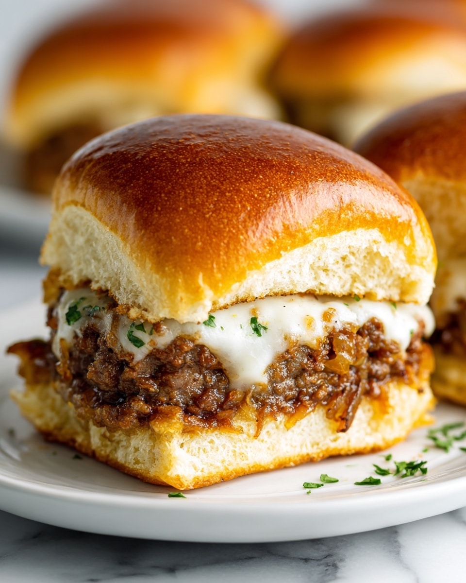 A close-up image of a slider sandwich on a white plate with a white marbled surface background; the sandwich has a shiny golden-brown bun on top and bottom, inside it has a brown cooked ground meat patty, melted white cheese around the meat, and caramelized light brown onions with some green parsley flakes sprinkled on the bun and cheese. The top bun is partially bitten to show the inside layers. Photo taken with an iphone --ar 4:5 --v 7