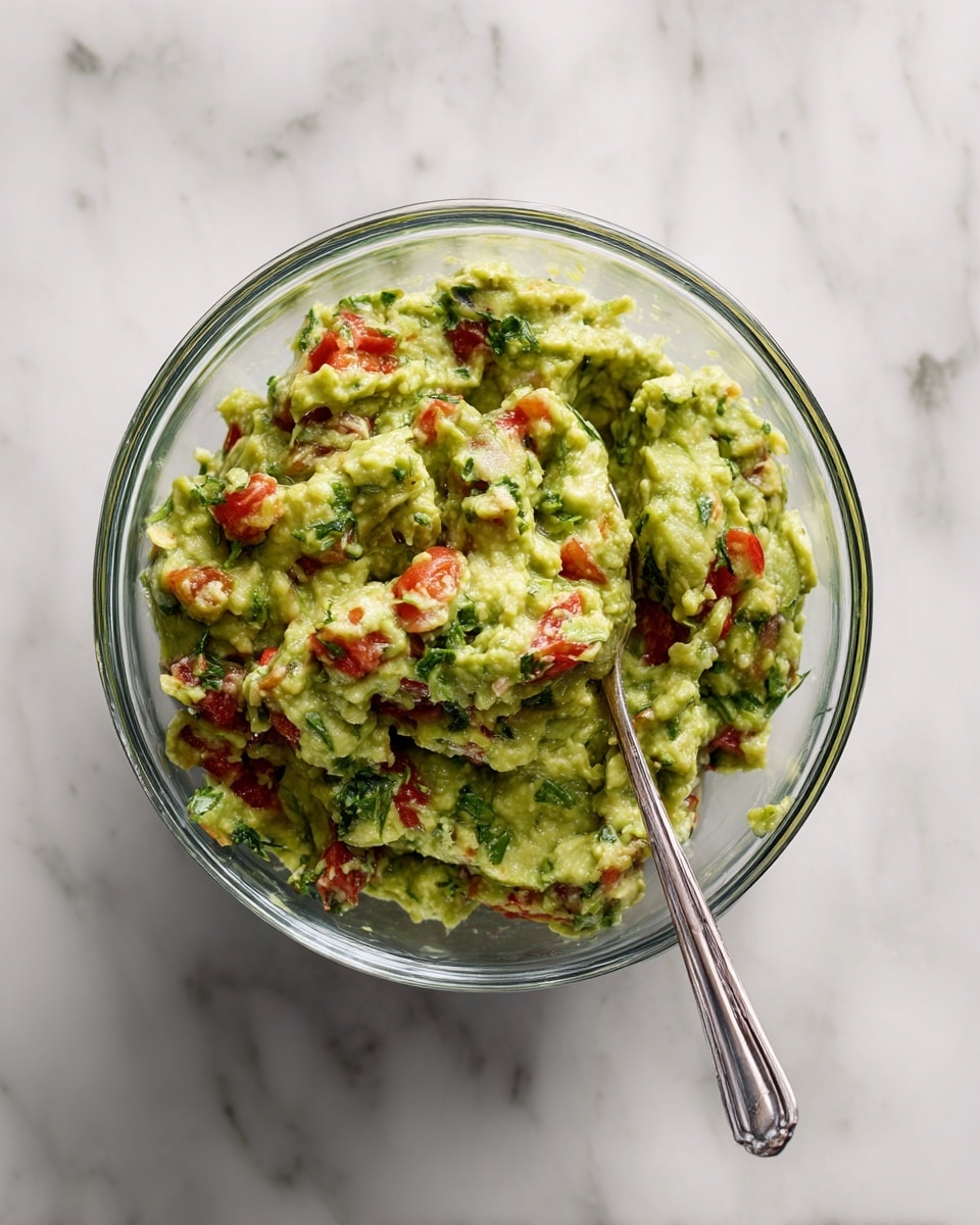 A clear glass bowl filled with chunky, green guacamole mixed with small pieces of red tomatoes and green herbs, giving it a textured appearance. A silver spoon is resting inside the bowl on the right side. The bowl is placed on a white marbled surface. Photo taken with an iphone --ar 4:5 --v 7