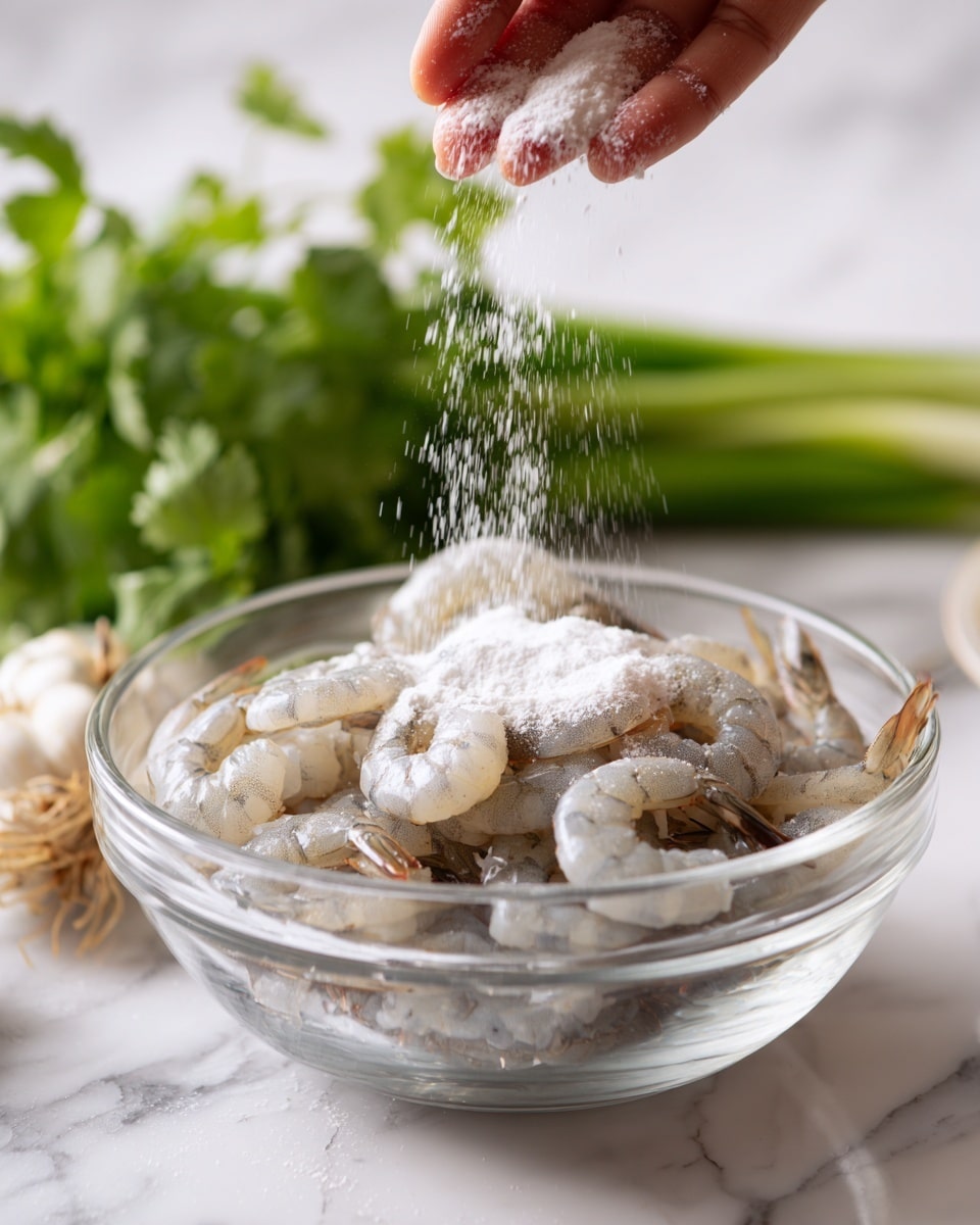 A clear glass bowl with a layer of uncooked shrimp that are light gray and slightly translucent, with dark tails visible on some pieces, sits on a white marbled surface. A woman's hand sprinkles a fine white powder over the shrimp from above, creating a falling motion of the powder. In the background, there are green cilantro leaves and long green onion stalks partly out of focus. Photo taken with an iphone --ar 4:5 --v 7