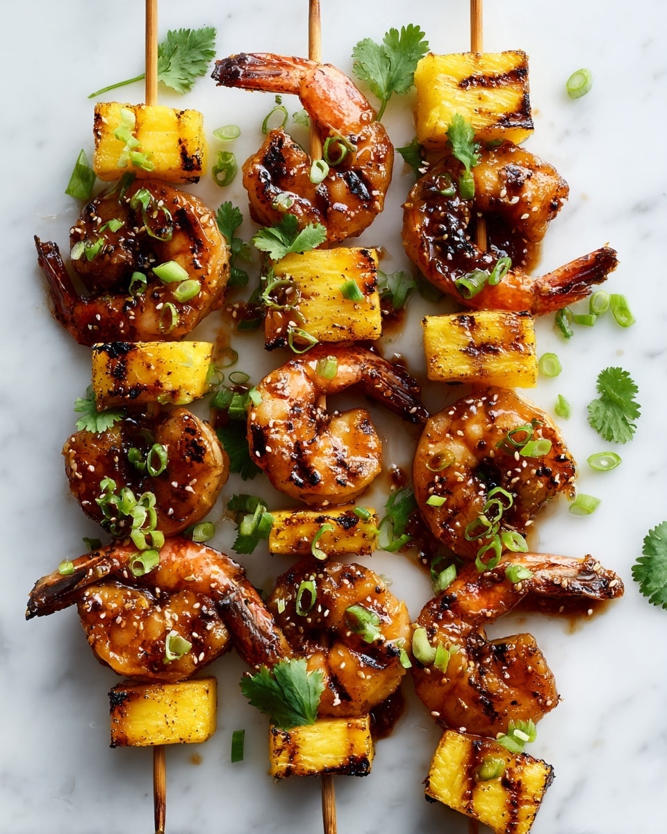 The image shows several grilled shrimp and mango skewers arranged on a white oval plate. Each skewer has three layers: a large shrimp with a charred orange and pink shell, a bright yellow mango cube with black grill marks, and a green scallion piece in the middle. The shrimp are coated in a shiny brown sauce, and chopped green cilantro is sprinkled over the skewers. To the top right, there is a white bowl filled with a light brown dipping sauce. The plate is resting on a white marbled surface. Photo taken with an iphone --ar 4:5 --v 7