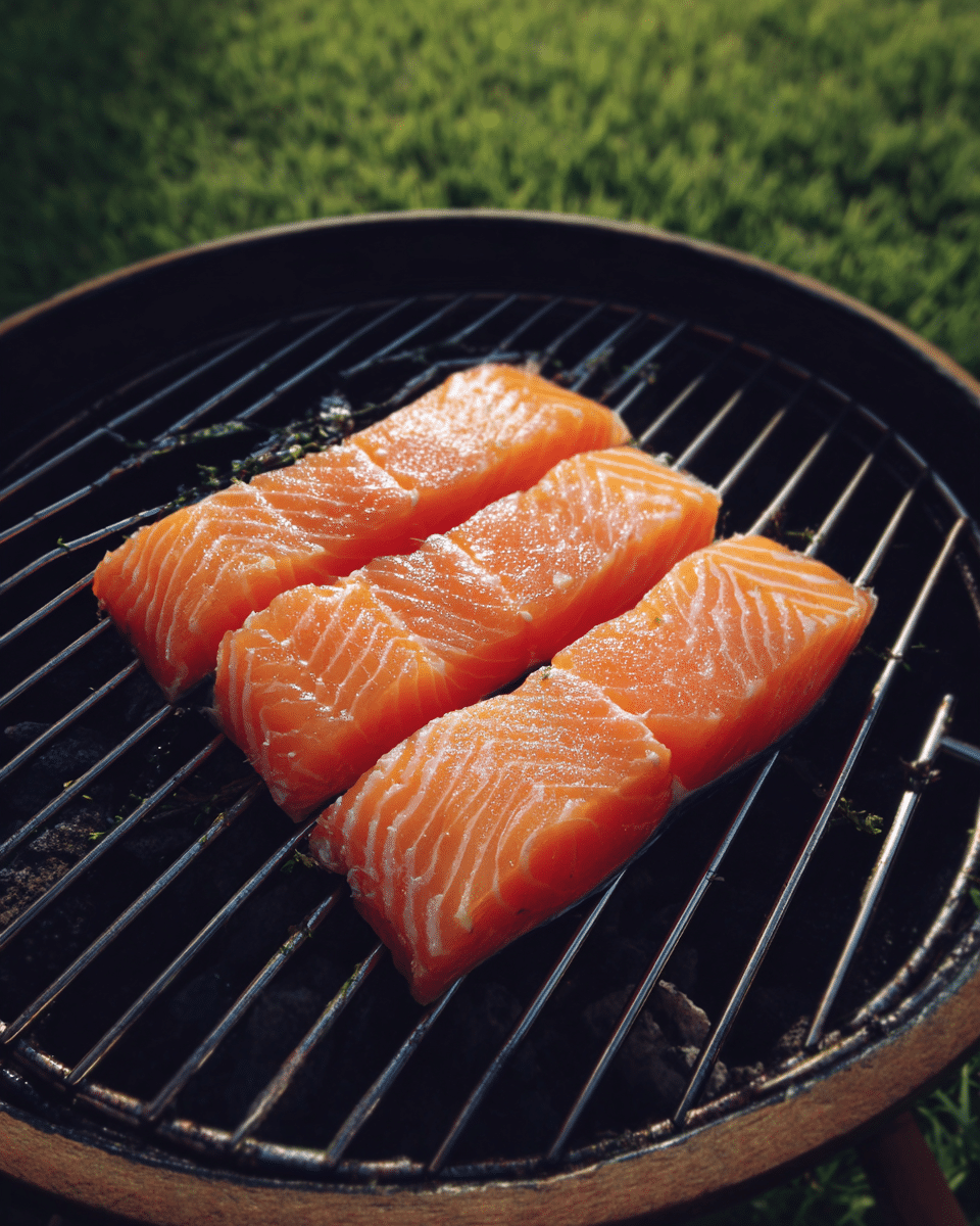 Three light orange fish fillets with soft textures are placed next to each other, lying flat on a black grill inside a round grill container. The grill bars show under the fillets, and the outside of the grill is dark with a wooden handle below. The background has soft green grass in an out-of-focus view. photo taken with an iphone --ar 4:5 --v 7