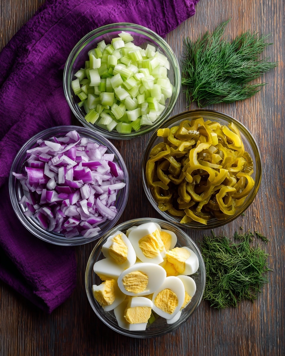 The image shows five clear glass bowls arranged in a cross shape on a wooden surface with a purple cloth in the top corner. The top-left bowl contains small, light green celery pieces. The top-right bowl holds chopped red onions with white and purple colors mixed. The center-left bowl is filled with wavy slices of yellow-green pickles. The center-right bowl has a small bunch of fine, dark green dill herb. The bottom bowl contains chopped hard-boiled eggs with mixed white and bright yellow pieces. Photo taken with an iphone --ar 4:5 --v 7