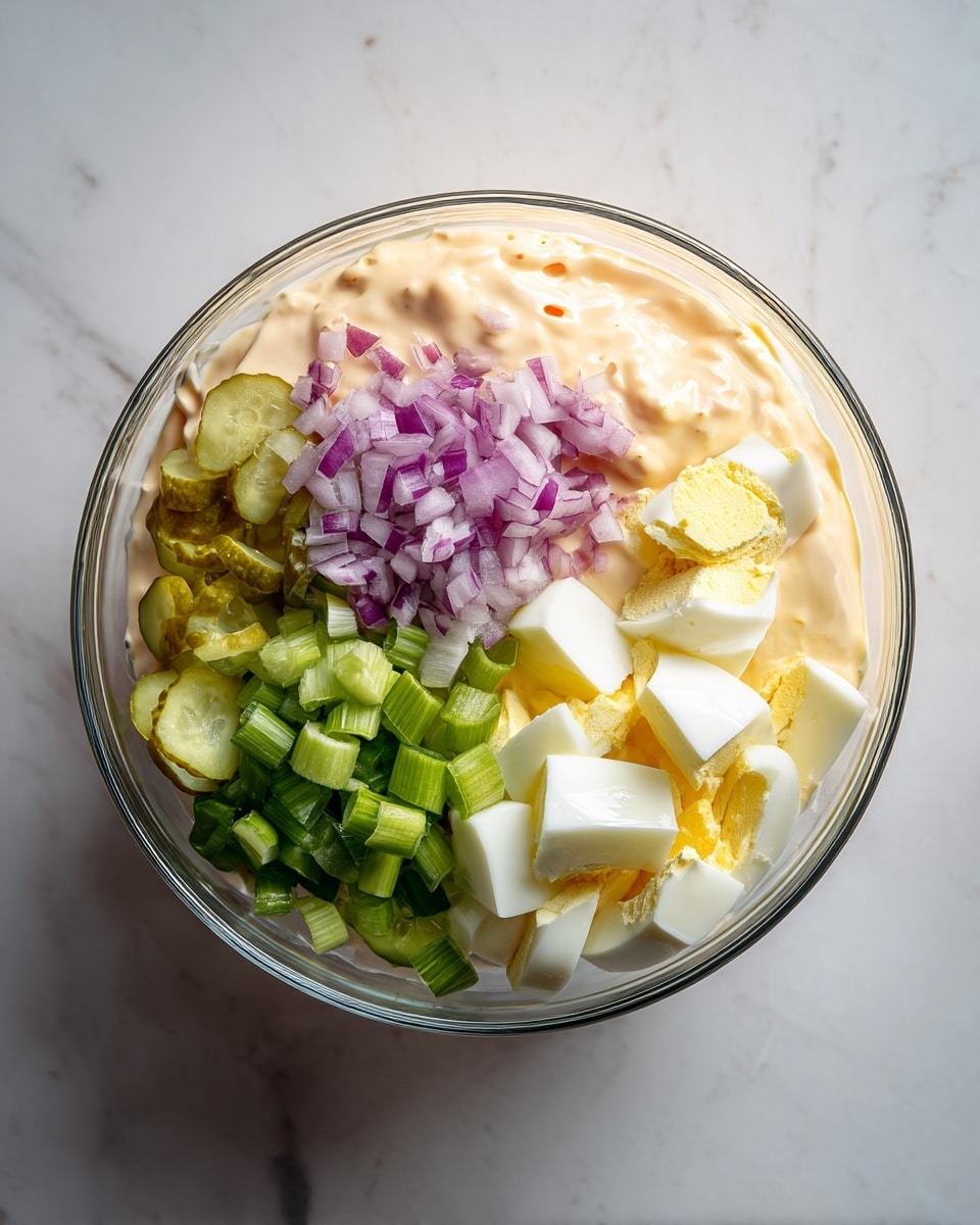 In a clear glass bowl on a white marbled surface, there is a mixture containing four main layers: one side has a creamy pale yellow mayonnaise-like base with visible small air bubbles, topped on one section with finely chopped purple-red onions, next to small chopped light green celery pieces, beside sliced medium green pickles, and on the last section, chopped hard-boiled eggs with white and yellow colors. The ingredients are all neatly separated and sit on top of the creamy base without mixing. The rim of the bowl is visible, and the lighting is natural and bright. Photo taken with an iphone --ar 4:5 --v 7