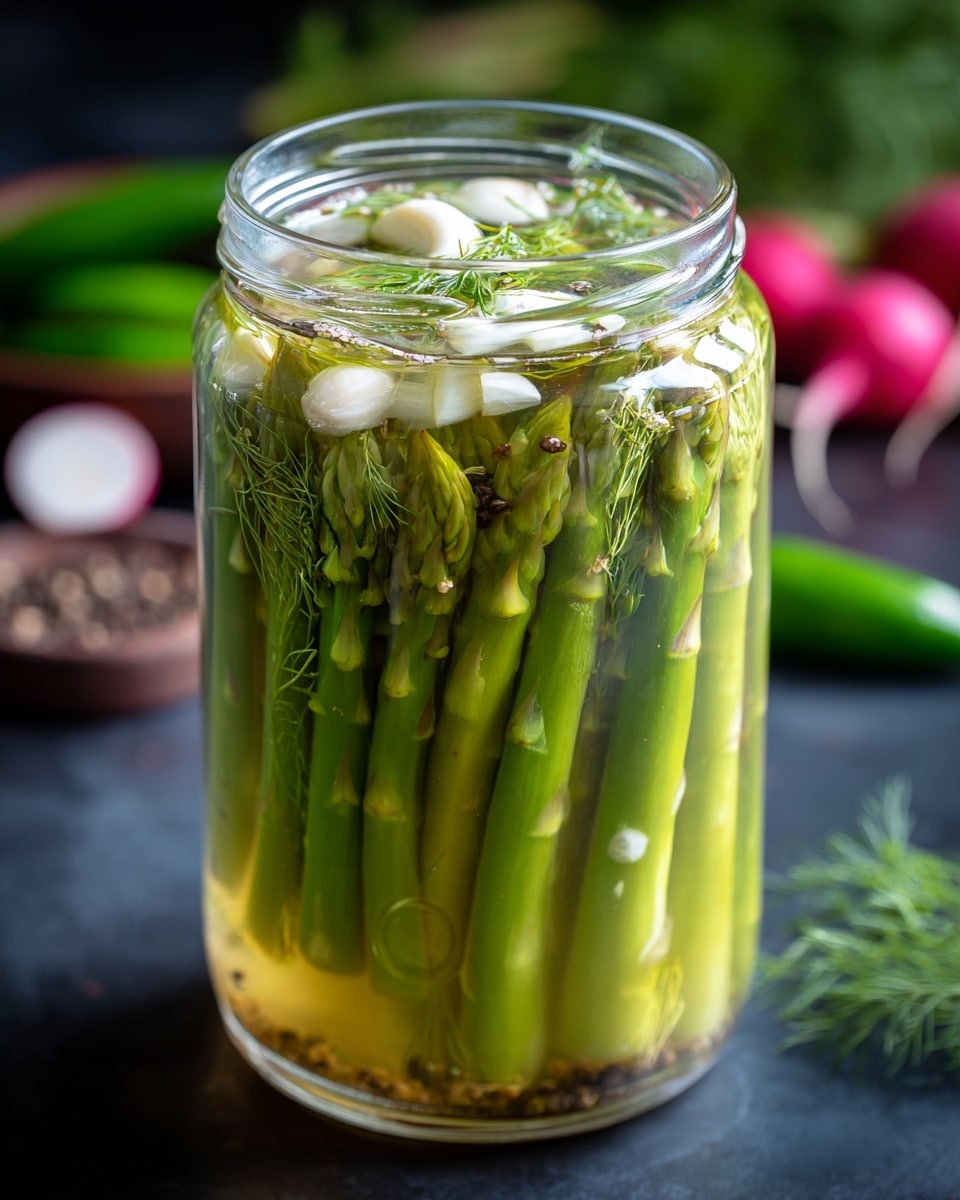 A clear glass jar filled with long, green pickled asparagus stalks packed vertically inside the jar, floating in light yellowish-green brine with visible slices of white garlic and small sprigs of dill and peppercorns near the top layer. The jar is set on a dark surface with blurred background elements including a green chili pepper and slices of radish visible behind it, enhancing the focus on the vibrant jar contents. photo taken with an iphone --ar 4:5 --v 7