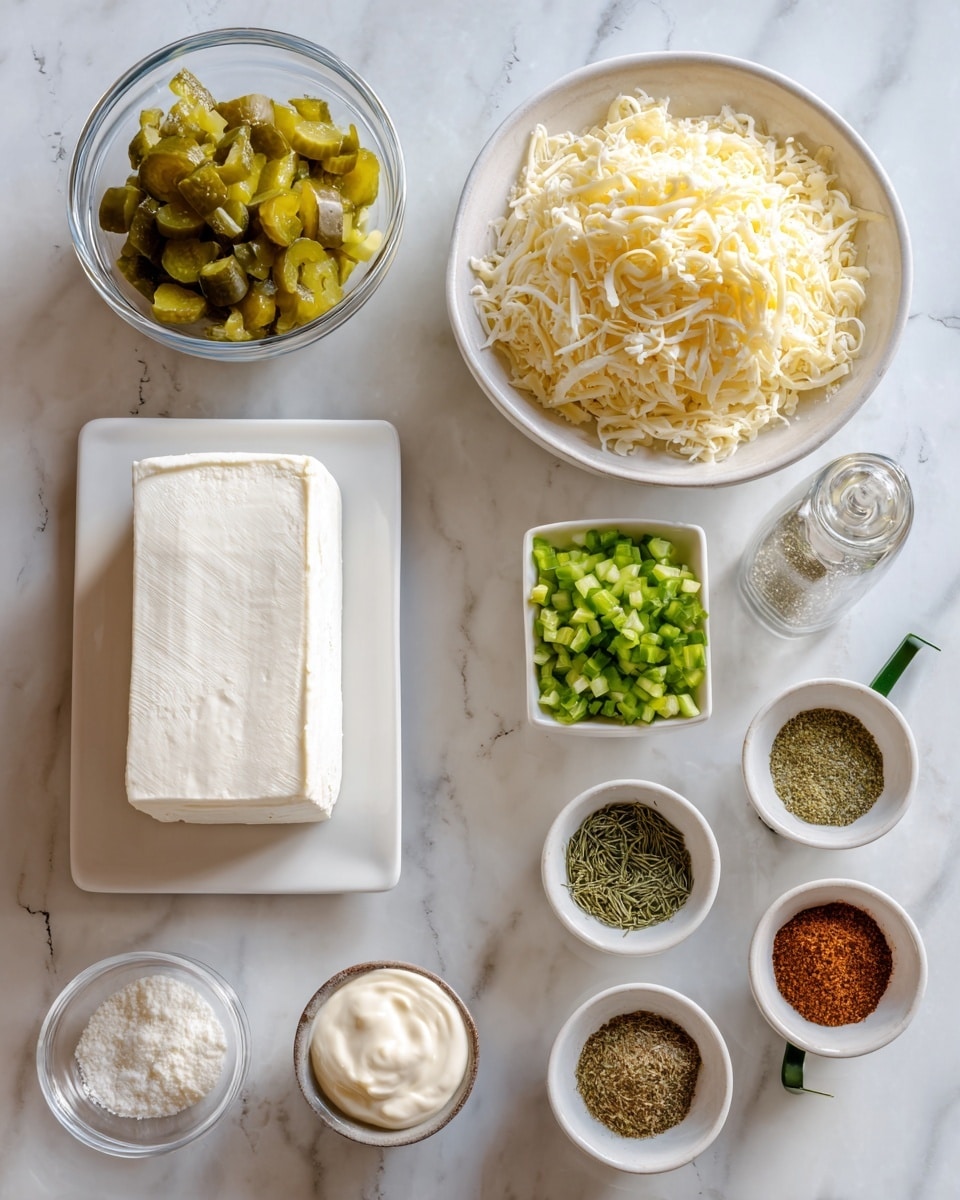 The image shows a top-down view of various ingredients placed neatly on a white marbled surface, each labeled with bold black text. On the left side, there is a small clear glass bowl containing chopped green pickles, and below it a white rectangular plate holds a large block of smooth white cream cheese. On the right side, a white round bowl is filled with a mix of finely shredded yellow and white cheeses. Below it, small white round bowls and a green measuring spoon hold chopped pickled jalapenos, grated parmesan cheese, ground garlic powder, onion powder, dried dill, and paprika, along with a green ¼ cup measuring spoon filled with creamy white mayo. Each container is clearly visible and arranged in a grid-like fashion. The photo taken with an iphone --ar 4:5 --v 7