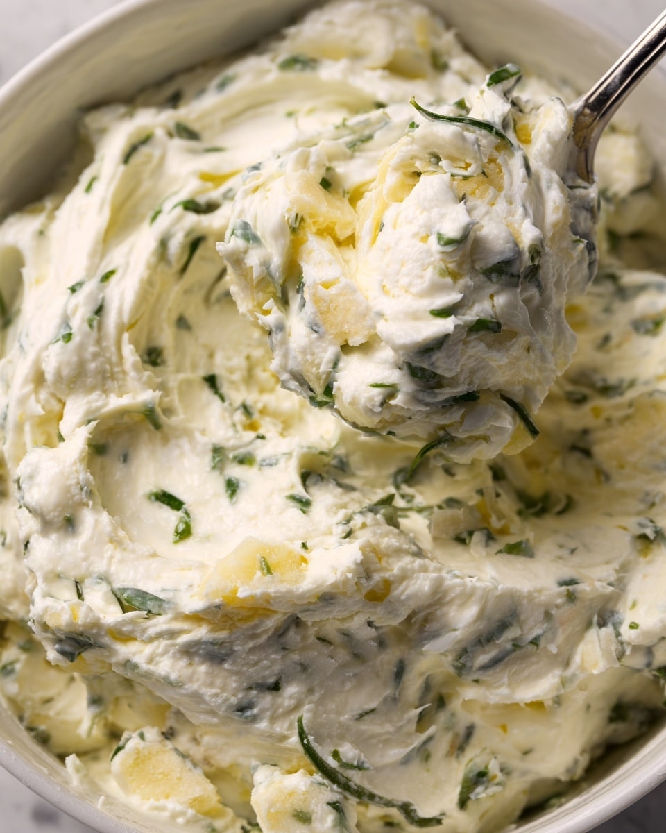 A close-up of a creamy dip in a white bowl on a white marbled surface, showing a thick layer of white and light yellow mixture with small green herbs spread evenly throughout; the top layer is smooth with scattered chunks of yellow cheese, and a single round golden brown cracker is placed vertically in the center with some of the dip scooped onto it, creating a textured look with tiny visible specks of seasoning. photo taken with an iphone --ar 4:5 --v 7