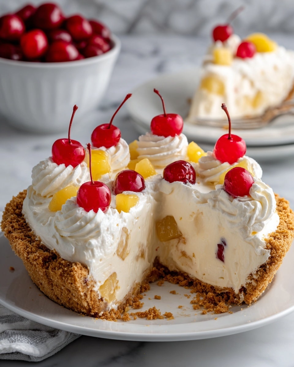 A round pie with a light brown crumb crust holds a creamy pale yellow filling. On top, there are nine swirls of white whipped cream spaced evenly around the edge and one in the center. Each swirl has a bright red cherry and a small triangular piece of yellow pineapple on top. The pie sits on a white marbled surface with a white plate of pineapple rings in the top left and a white bowl filled with red cherries in the bottom left. A red and white cloth is partially visible on the bottom right. Photo taken with an iphone --ar 4:5 --v 7