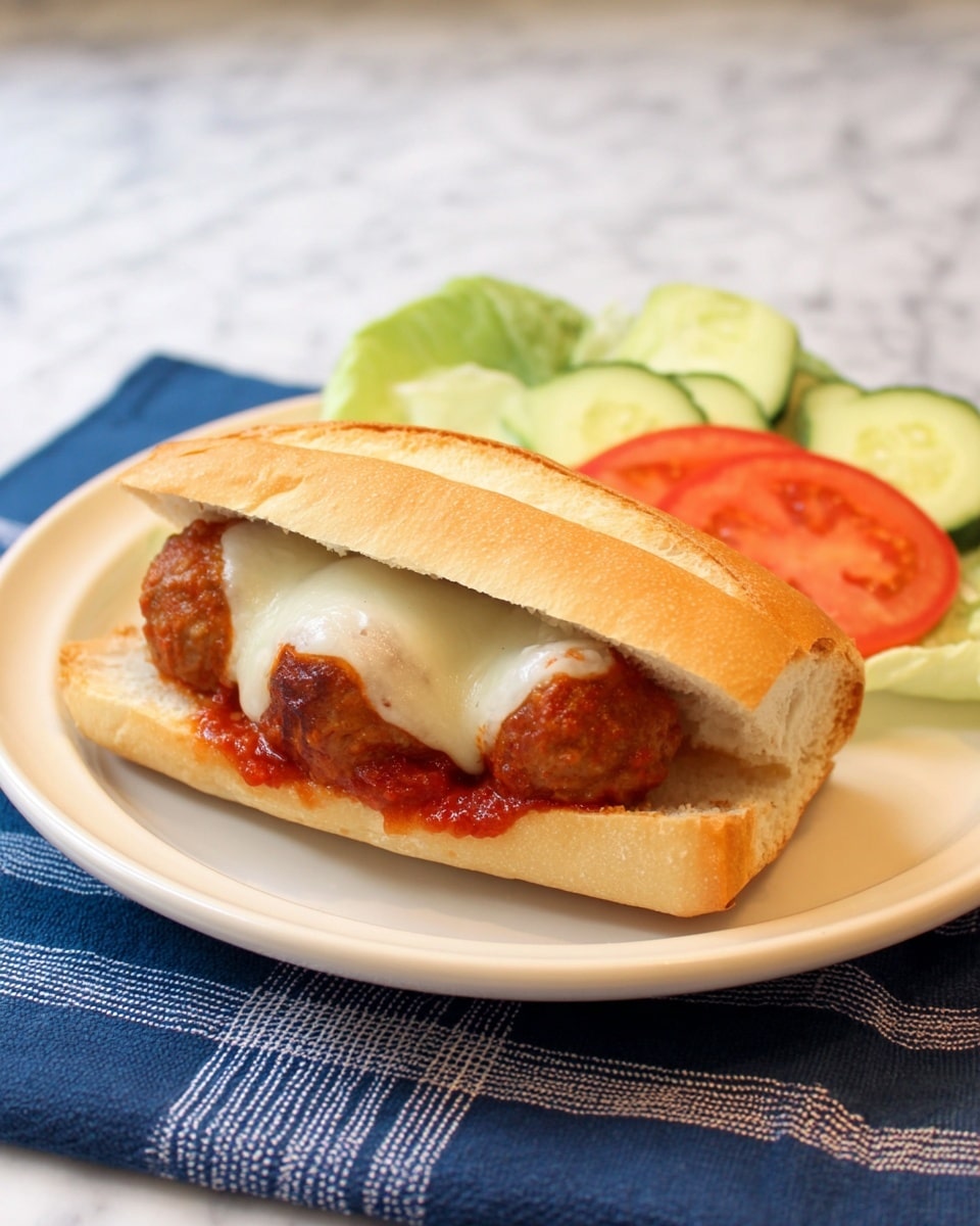 A white plate holds a sandwich with a golden toasted bun sliced open horizontally. Inside, three meatballs covered with red sauce form the bottom layer, topped with a layer of melted white cheese that stretches slightly over the meatballs. The top half of the bun rests above the filling. Behind the sandwich on the plate, there are fresh sliced cucumber with a dark green edge and red tomato slices, placed on light green lettuce leaves. The plate is placed on a blue cloth with white stripes, all set on a white marbled surface. photo taken with an iphone --ar 4:5 --v 7