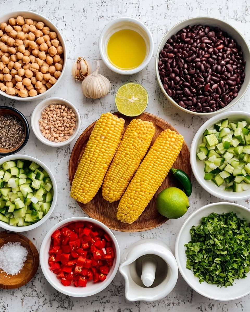 The image shows many small white bowls and one wooden board on a white marbled surface. There are three corn cobs in yellow, placed on the right side on the wooden board, along with a lime half and a garlic clove. Surrounding the board, there are bowls filled with different items: light brown chickpeas, light brown peanuts, dark black beans, green diced cucumbers, green chopped scallions, bright red chopped bell peppers, and chopped green herbs. Small bowls hold olive oil, honey, coarse salt, ground black pepper, and clear lemon juice from a white ceramic juicer. A dark green jalapeño pepper is near the wooden board's edge. The bowls are neatly arranged, showing a mix of colors and textures. photo taken with an iphone --ar 4:5 --v 7