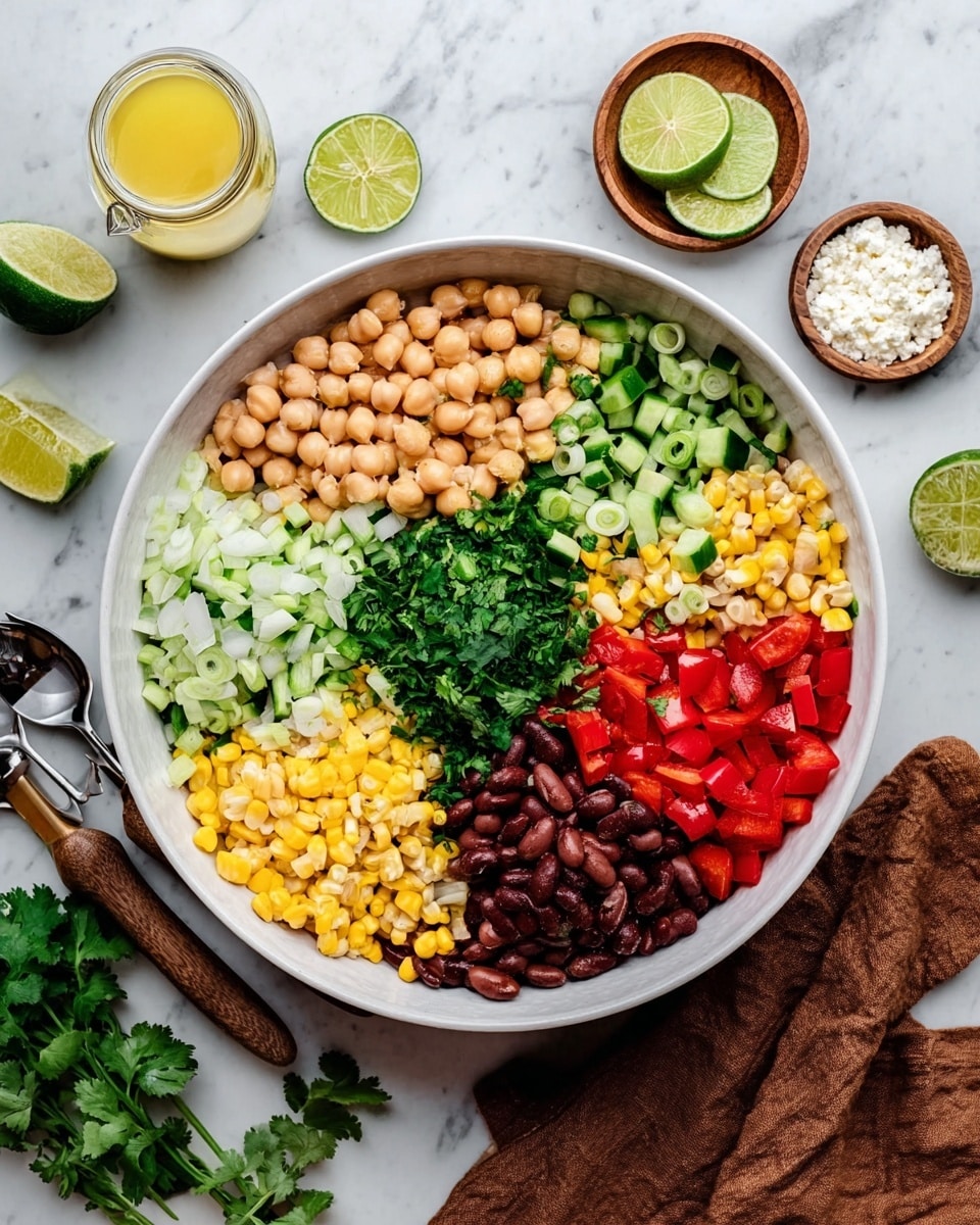 A large white bowl contains a colorful layered salad arranged in neat sections. Starting from the top left and moving clockwise, there are light beige chickpeas, small green cucumber chunks, bright yellow grilled corn kernels, small dark green diced jalapeños, light brown beans, vivid red bell pepper cubes, and dark brown black beans. In the center and overlapping some sections, there are sliced light green spring onions and a pile of fresh dark green chopped cilantro. The bowl is placed on a white marbled surface with a small jar of yellow dressing, lime slices on a wooden dish, a white bowl of white cheese crumbles, wooden salad tongs, and a brown cloth napkin nearby. Photo taken with an iphone --ar 4:5 --v 7