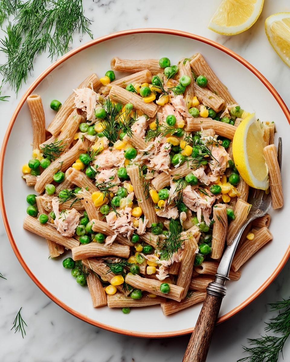 The image shows a white plate with an orange rim filled with three layers of food: the first layer is short, tube-shaped brown whole wheat pasta scattered around the plate; the second layer is pieces of light pink cooked fish mixed evenly with the pasta; the third layer is green peas and yellow corn kernels sprinkled throughout. There are small green dill leaves spread on top and a wedge of lemon with a bright yellow peel and juicy pale yellow flesh resting on the edge of the plate. To the right side of the plate, a silver fork with a wooden handle is placed vertically, slightly inserted into the pasta. The surface under the plate is white with a marble texture, with some sprigs of dill and another lemon wedge in the background. photo taken with an iphone --ar 4:5 --v 7
