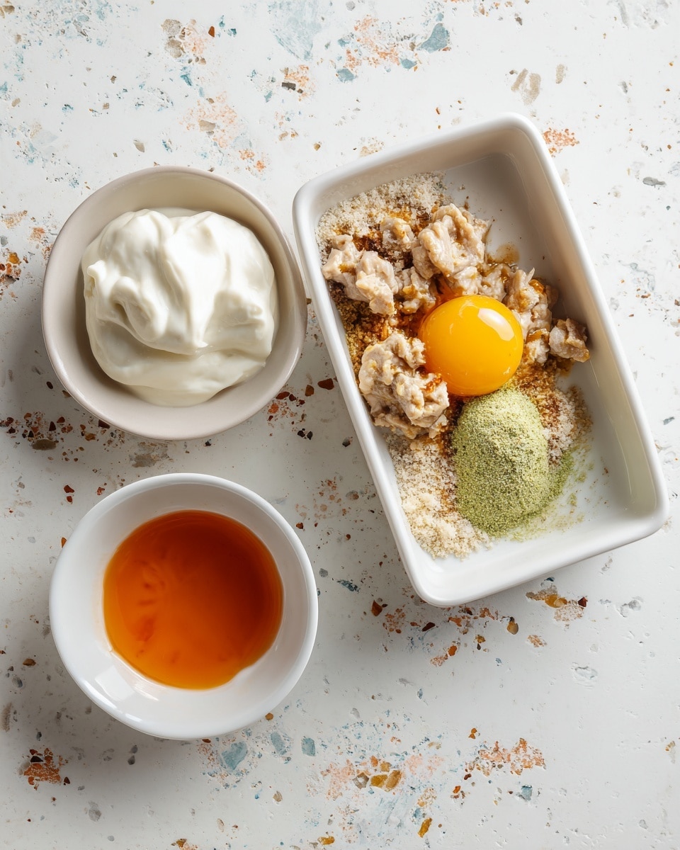 A white rectangular ceramic dish holds a mix of ingredients layered unevenly: chunks of light brown canned tuna form the base, topped with a raw egg yolk on the upper right side, with a sprinkle of a fine beige powder and a small heap of light green paste in the middle. To the left of this dish, there is a small white bowl containing two components: a thick white cream-like dollop sitting beside a clear, bright orange sauce. Both dishes are placed on a white marbled surface with subtle speckles and small scattered colors. photo taken with an iphone --ar 4:5 --v 7