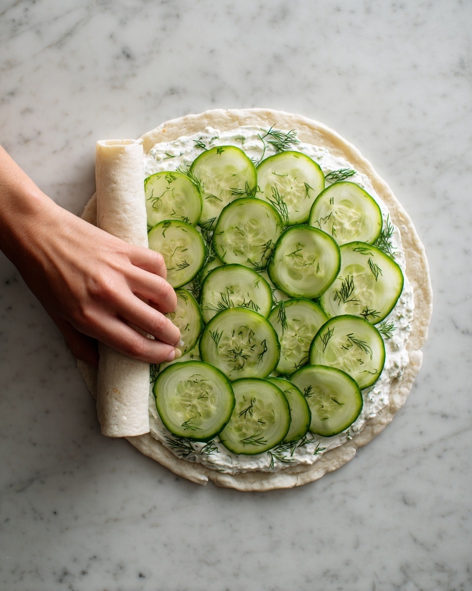 A white flatbread is spread with a layer of white cream cheese mixed with green dill, covering the surface evenly. On top, there is a single layer of fresh, thinly sliced cucumber rounds, pale green with seeds visible in the centers. A woman's hand is seen starting to roll the flatbread from the left side, curling it gently. The whole scene is set against a white marbled surface. photo taken with an iphone --ar 4:5 --v 7