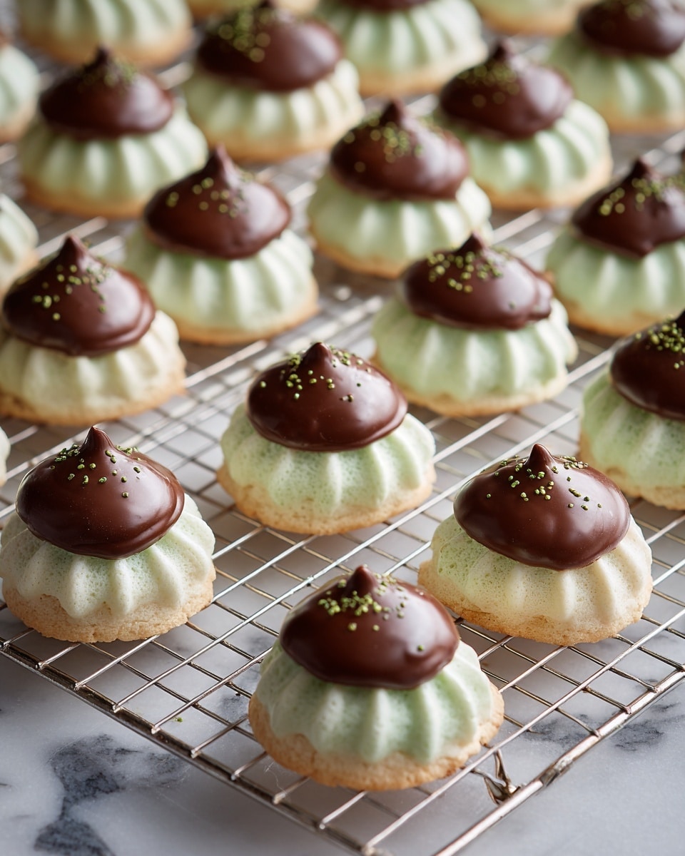The image shows 21 small, round desserts arranged evenly on a cooling rack with a white marbled surface underneath. Each dessert has two clear layers: the bottom layer is a pale green with a ruffled, delicate texture resembling soft meringue or whipped cream, while the top layer is a smooth, glossy brown chocolate dome that covers most of the green base. Small green sprinkles are scattered lightly over the chocolate tops. The arrangement is neat, with some variations in the chocolate dome shapes, giving them a handmade look. Photo taken with an iphone --ar 4:5 --v 7