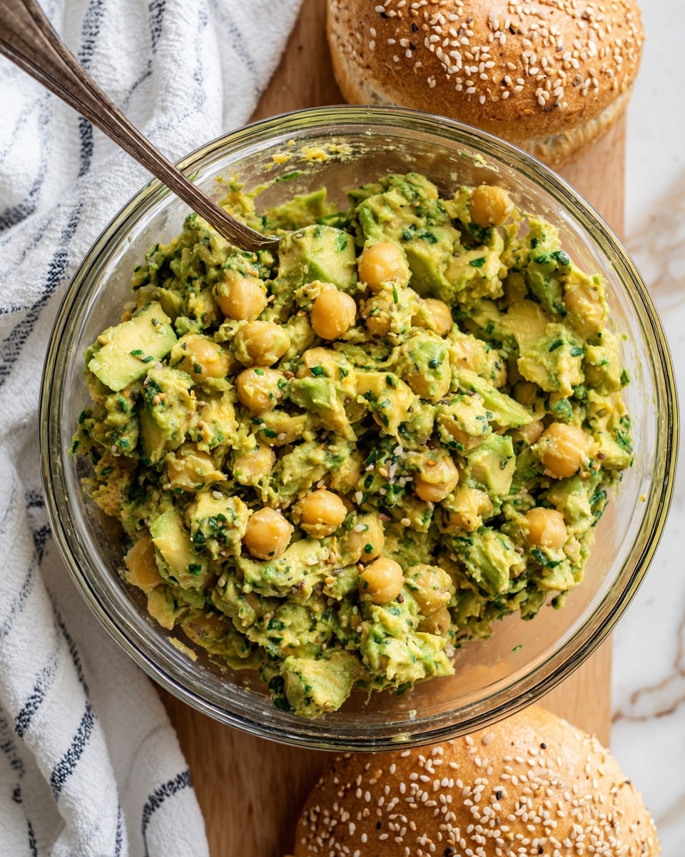 The image shows a clear glass bowl filled with a chunky mixture of mashed green avocado and yellow chickpeas, creating a textured and creamy-looking salad. The mixture has visible bits of avocado and whole chickpeas, with hints of herbs that add specks of darker green throughout. The bowl sits on a light wooden surface, partially visible, next to two sesame seed white bagels, one whole and one sliced. A metal spoon is inside the bowl, slightly resting on the side. A white and blue striped cloth is casually placed in the top left corner over the white marbled texture. Photo taken with an iphone --ar 4:5 --v 7