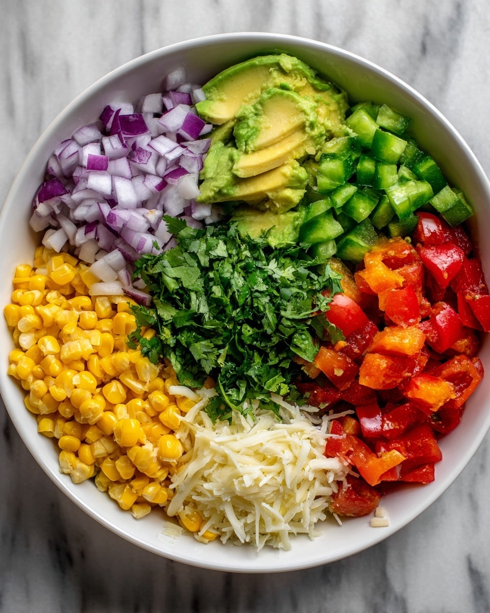 A white bowl on a white marbled surface filled with multiple colorful layers of ingredients arranged side by side. At the top left are chopped purple onions, followed by small green pepper pieces on the top right. Below the peppers is a sliced avocado with a creamy green texture. At the bottom right are small diced red tomatoes. On the bottom left is bright yellow corn, slightly charred. At the center is a pile of fresh green cilantro leaves covering a small patch of white shredded cheese. The colors and textures are fresh and vibrant, making the dish look inviting and healthy photo taken with an iphone --ar 4:5 --v 7