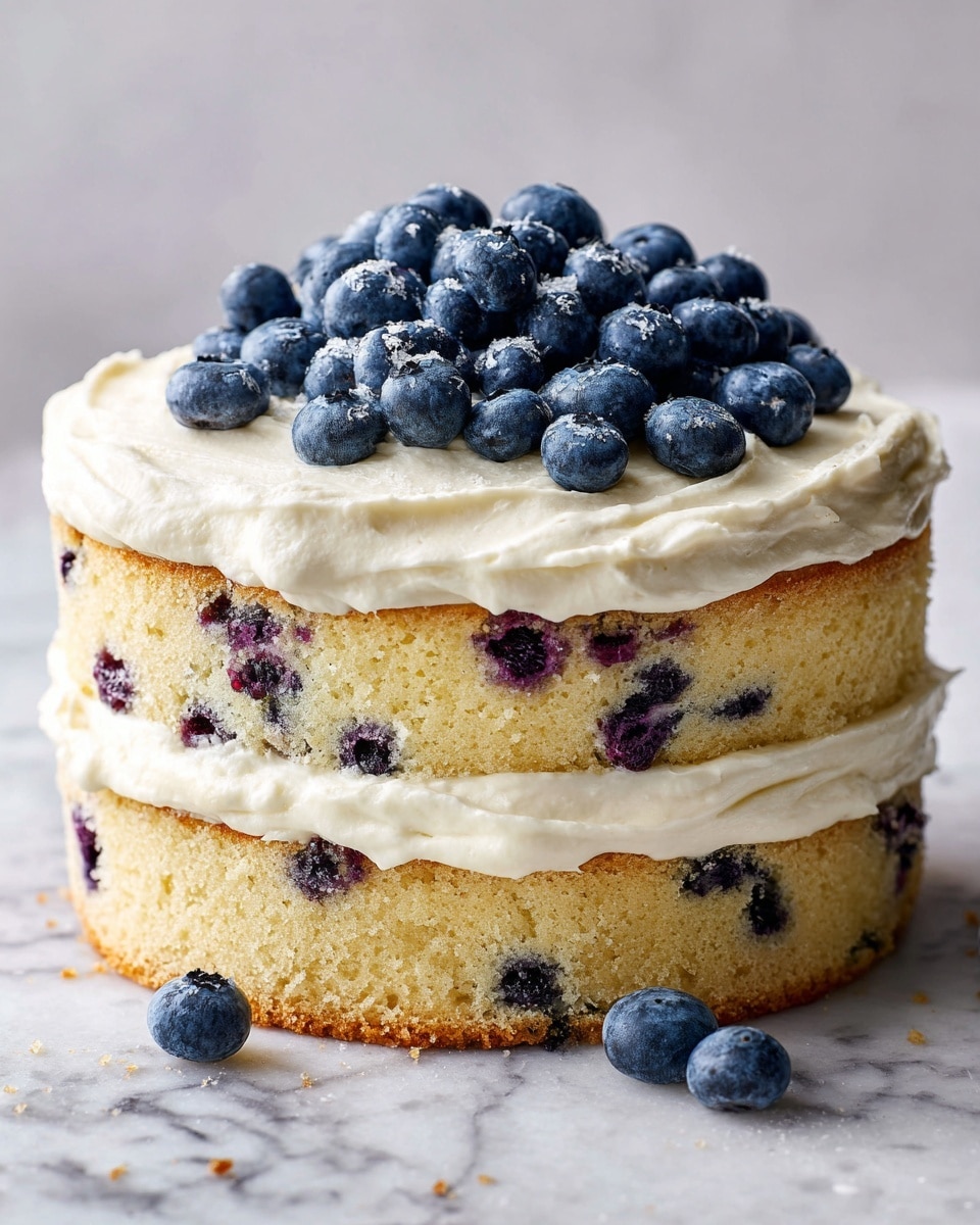 The image shows a two-layer blueberry cake on a white scalloped cake stand with a slice placed in front on a clear glass plate. The cake layers are light golden with many blueberries visible inside. Between and on top of the layers is a thick spread of creamy white frosting, smooth with a soft texture. The top of the whole cake is decorated with extra fresh blueberries scattered in a small pile. The slice on the plate has three blueberries on top of its frosting. A woman's hand is reaching near the plate, resting on a white marbled surface. photo taken with an iphone --ar 4:5 --v 7