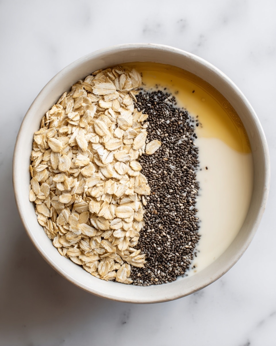 A white bowl sits on a white marbled surface filled with three main layers arranged side by side. On the left is a thick pile of light beige rolled oats that cover about half of the bowl. To the right of the oats, there is a dense cluster of small, shiny black chia seeds taking up about one third of the bowl. At the bottom right corner, there is a layer of golden brown liquid, blending slowly into the layer above it which is creamy white milk covering the base of the bowl and partially submerging the oats and chia seeds. The textures vary from the soft oats, smooth milk, to the tiny, firm chia seeds. photo taken with an iphone --ar 4:5 --v 7