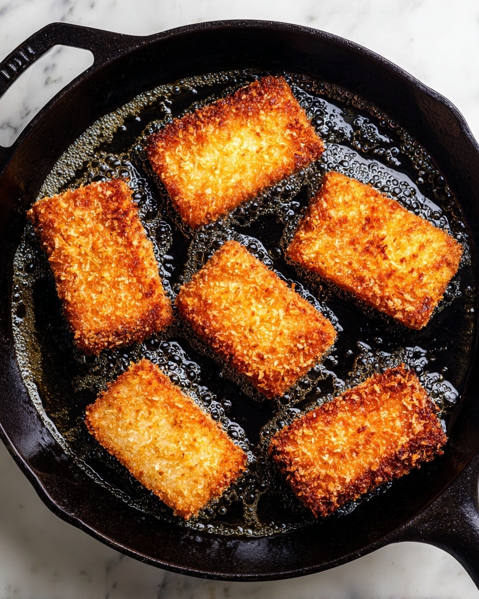 The image shows six golden brown rectangular pieces frying in a black cast iron pan filled with bubbling oil. Each piece has a crispy, rough textured outer layer that looks crunchy and browned evenly. The pan sits on a white marbled surface, creating a clean and bright background that contrasts with the dark pan and golden food. The oil shimmer gives the food a fresh fried appearance, and the pieces are spaced evenly in the pan. photo taken with an iphone --ar 4:5 --v 7