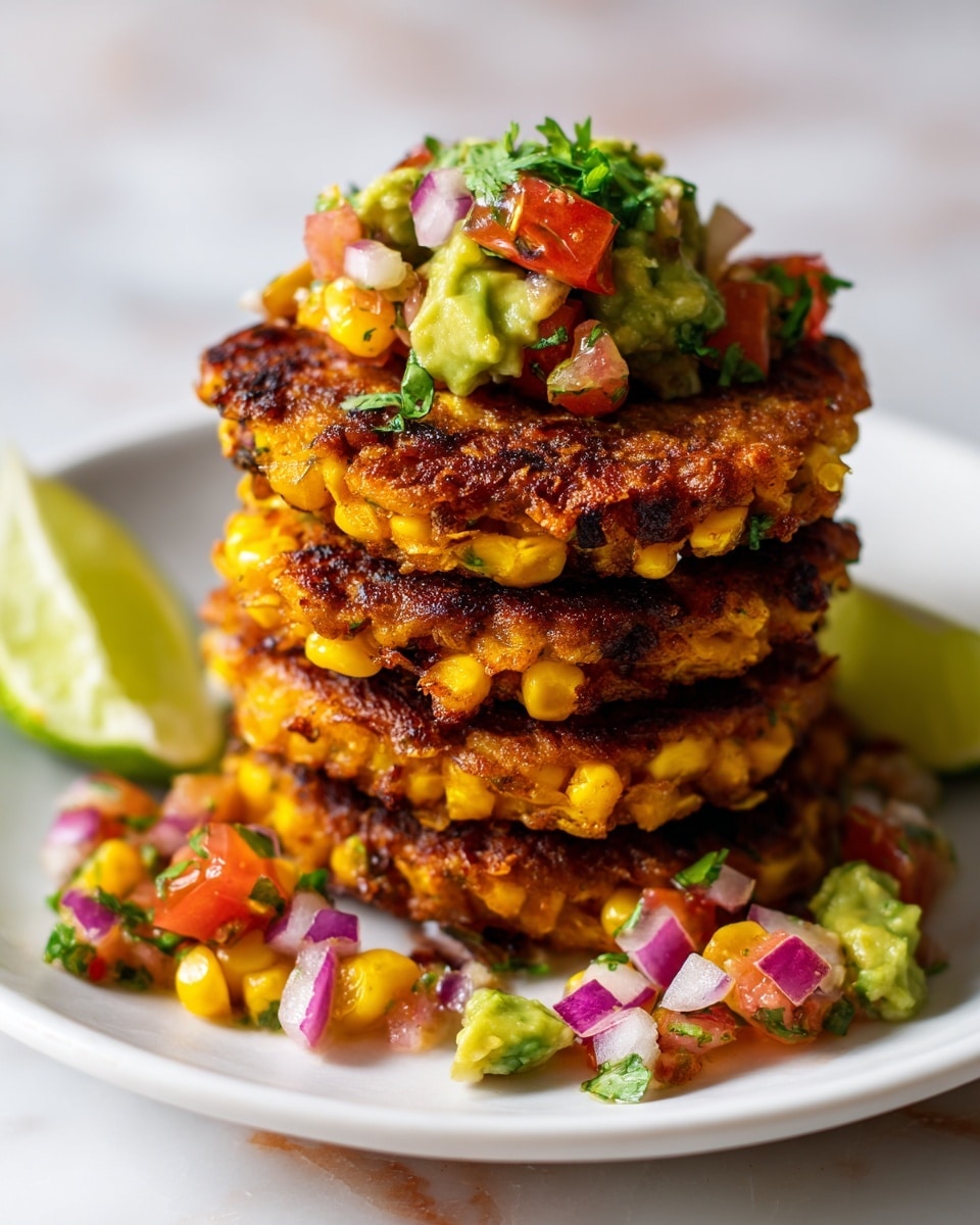 A stack of four golden-brown corn fritters with crispy edges sits on a white plate on a white marbled surface. On top of the fritters is a colorful salsa made of chopped green avocado, red tomato, finely diced red onion, and small green herb pieces. A wedge of lime lies on the plate near the fritters. The background is blurred with soft white and subtle warm tones. Photo taken with an iphone --ar 4:5 --v 7