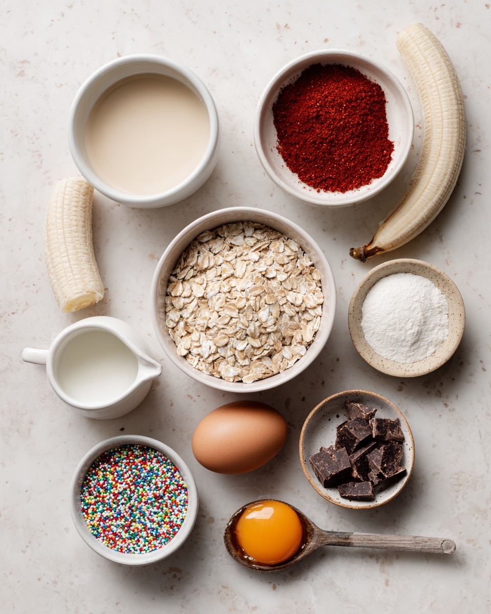The image shows various ingredients placed on a white marbled surface, arranged loosely in a circle. There are seven small white bowls and one beige dish: the top left bowl contains a small amount of light beige liquid, next to it on the right is a bowl filled with red powder, below them is a white bowl full of light beige rolled oats. To the right of the oats is a peeled half banana resting on the surface, next to that is a small beige dish with a white powder. Below the oats is a white bowl with a single brown egg, and at the bottom left is a white small jug with white liquid. To the bottom right, half a bowl is visible with dark chopped chunks that look like chocolate. In front of this bowl is a silver spoon with a wooden handle filled with a thick orange substance. At the bottom left corner, there is a white bowl with colorful sprinkles. The overall tone is clean and simple, displayed on a bright white marbled surface. photo taken with an iphone --ar 4:5 --v 7
