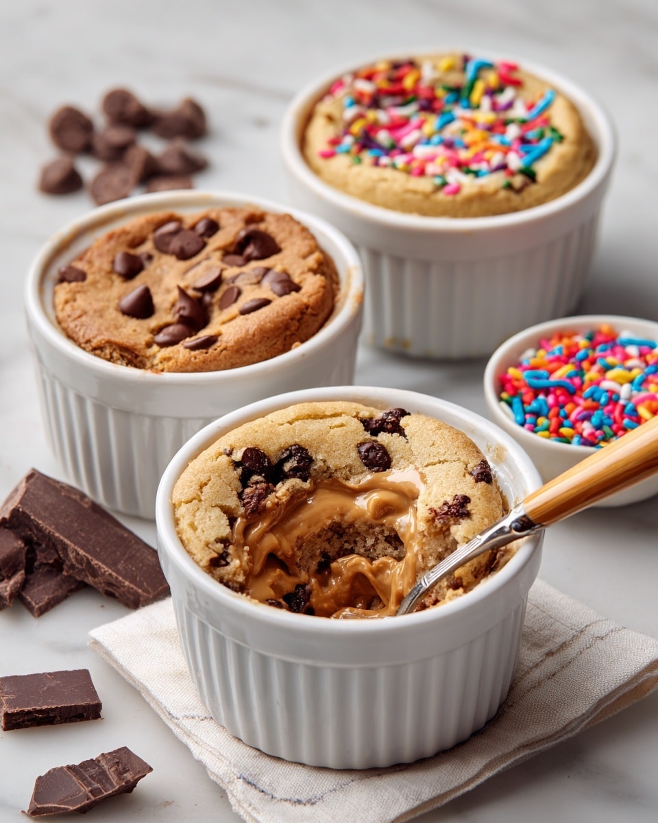Three white ramekins with baked cakes are placed on a white marbled surface. The top ramekin shows a soft, light brown cake with darker chocolate chunks mixed inside, partially eaten. The middle ramekin holds a similar light brown cake with chocolate chunks and a layer of smooth peanut butter spread partly over it. A spoon with a wooden handle rests inside this ramekin. The bottom ramekin contains a colorful cake topped with small round rainbow sprinkles scattered on top. Near the ramekins, there are chocolate pieces scattered on the left side and a small white bowl filled with bright, long, rainbow sprinkles at the lower right, near a folded white cloth. photo taken with an iphone --ar 4:5 --v 7